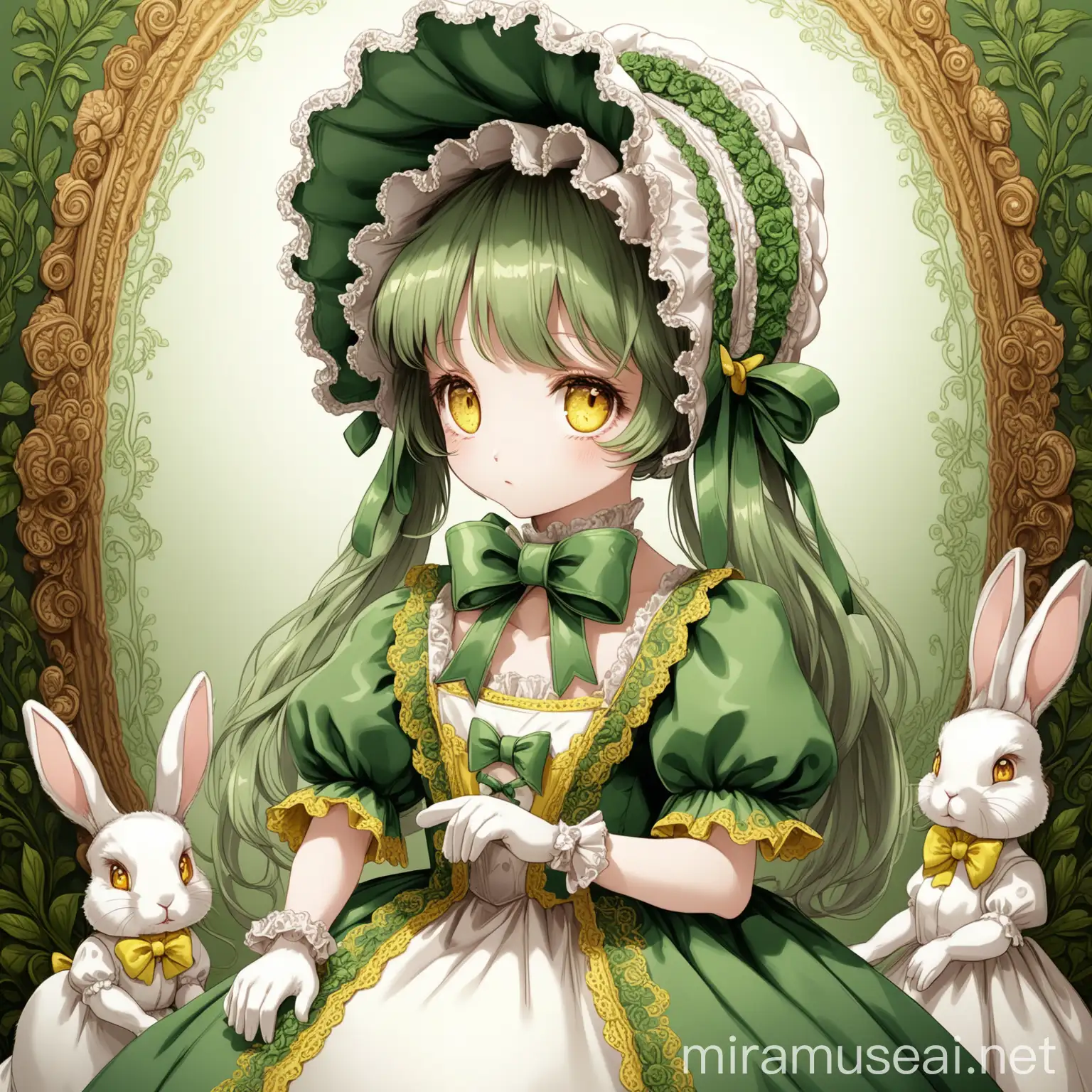 Elegant Rabbit in Green Fur with Yellow Eyes and Intricate Gowns