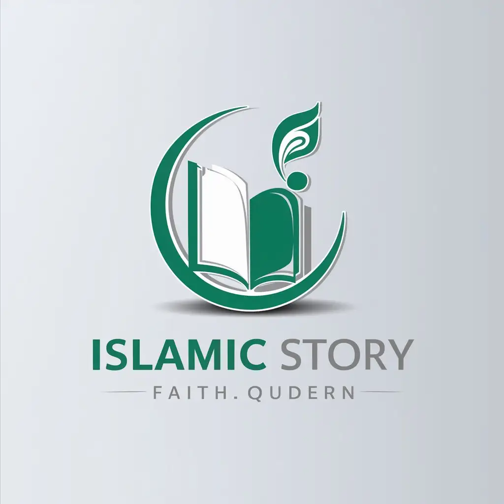 a logo design,with the text "Islamic Story", main symbol:The target was the Holy Qur'an book mention color green and white note circle logo,Moderate,clear background