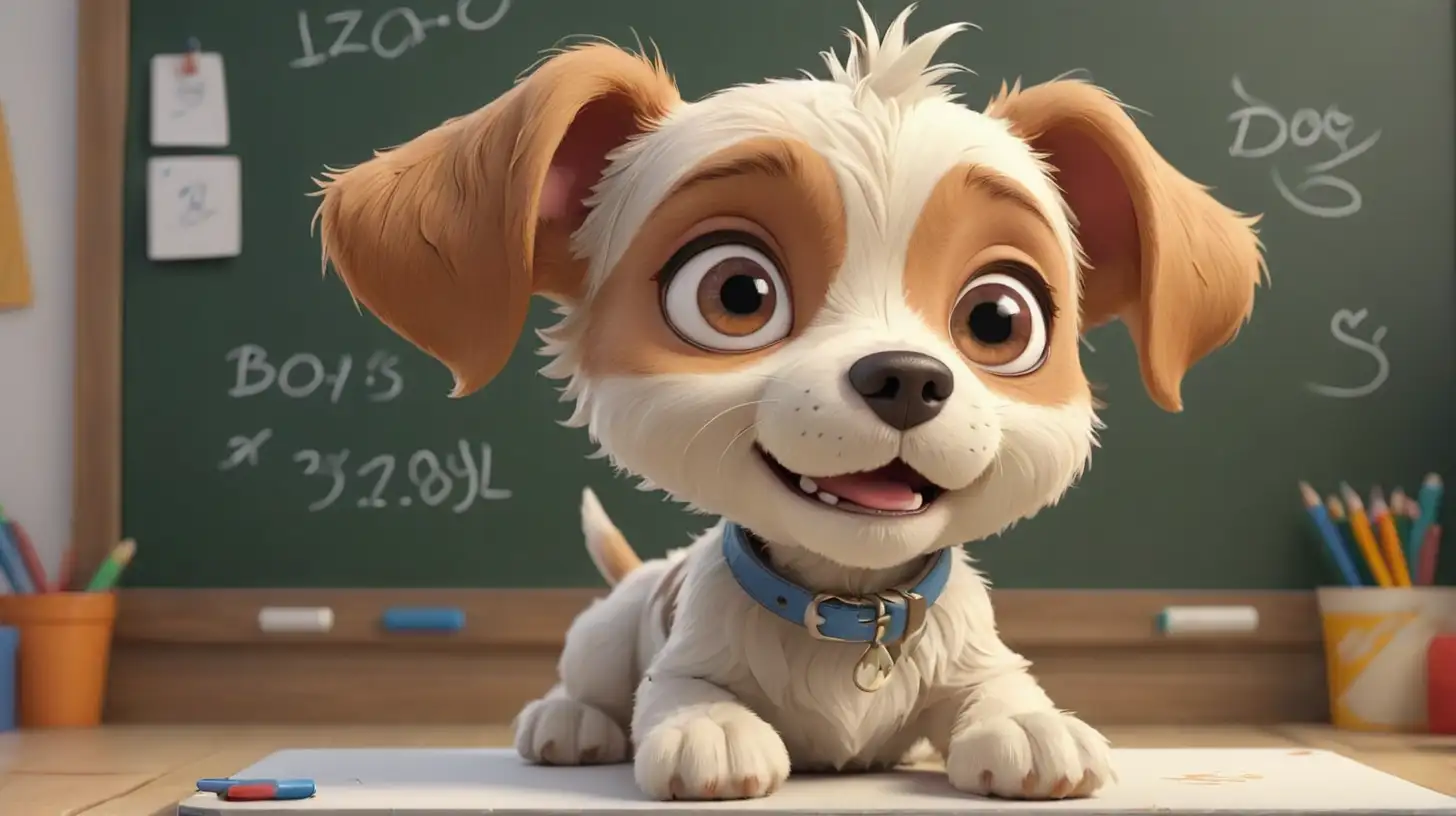 3D charming cartoon LITLE DOG , ON a pure light WHITE blackboard, designed by vivid colors and a playful expression, creating a delightful and friendly character, the style its animated  with soft smooth  textures and bright eyes catching details reminicents of children´s animation series