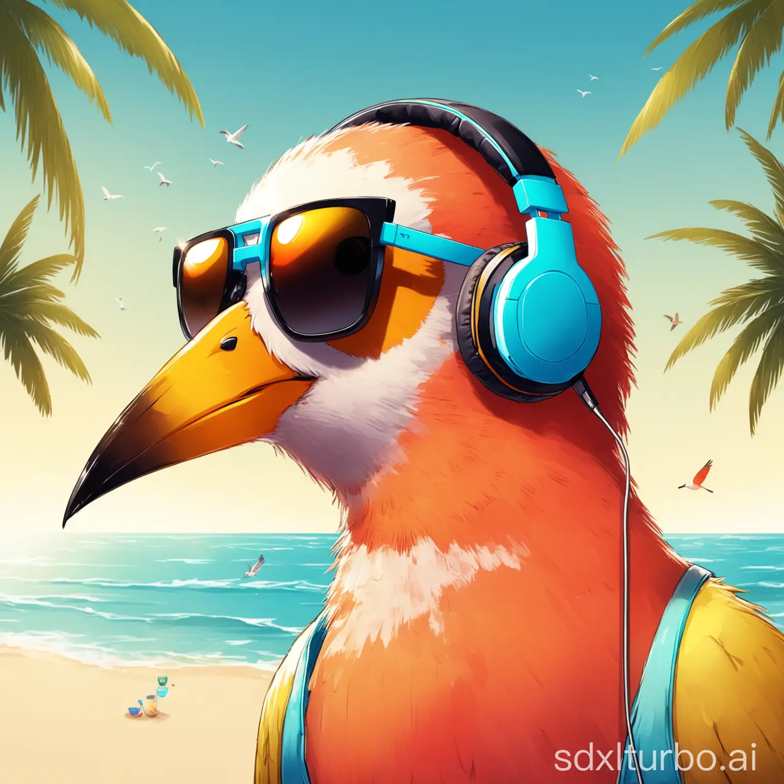 Cool-Beach-Bird-with-Headphones-and-Sunglasses-Partying