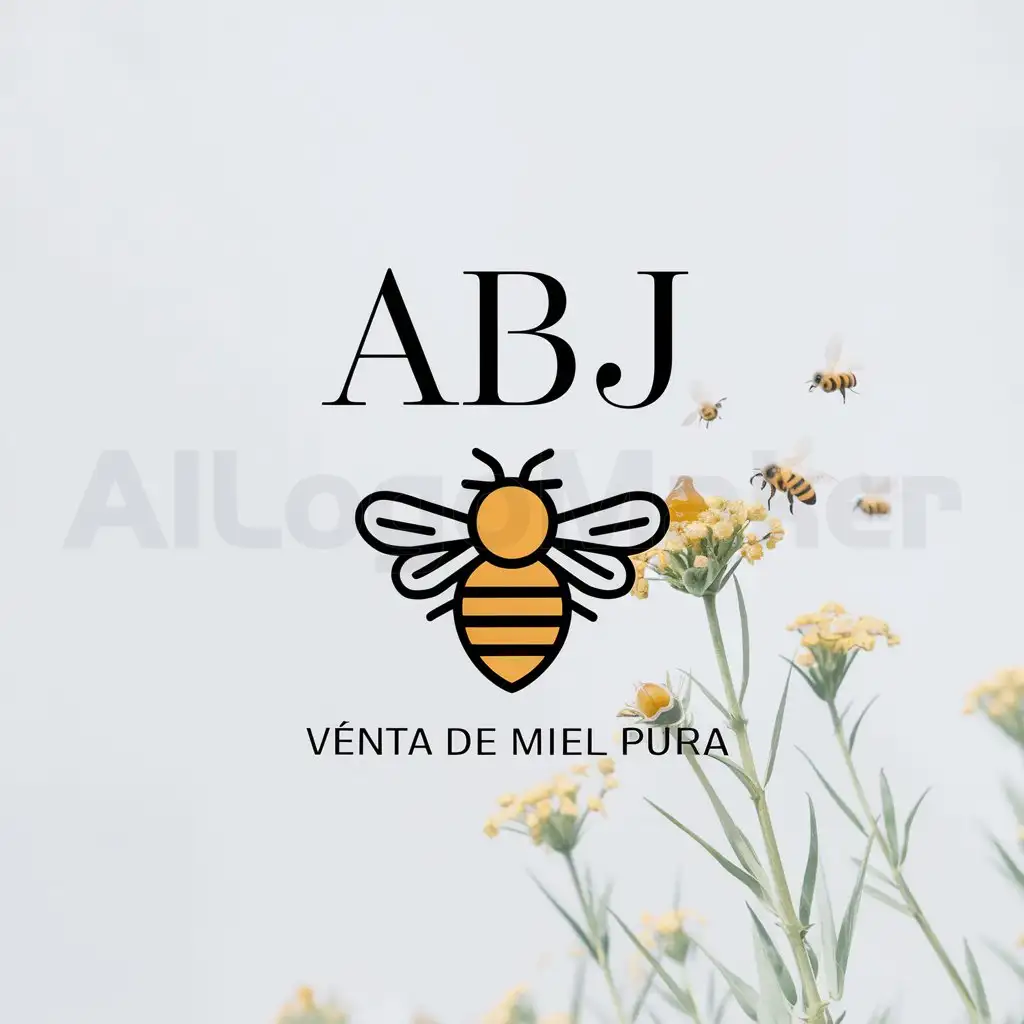 a logo design,with the text "'ABJ' in uppercase with 'Venta de miel pura' below", main symbol:the main image is a bee eating honey, and in the background bees on flowers but in color,Minimalistic,clear background