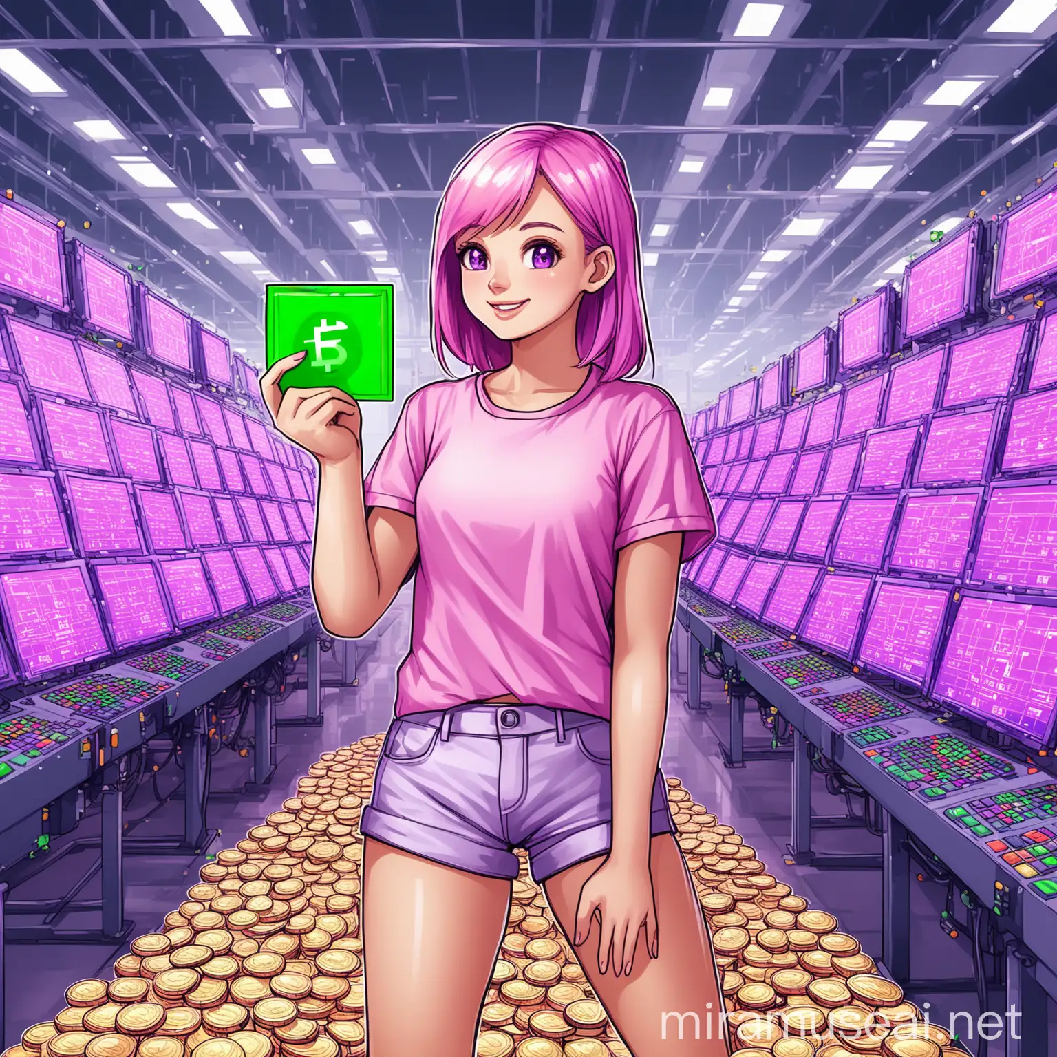 Cryptocurrency Earnings Factory with Joyful Girl in Pink Green and Purple Shorts