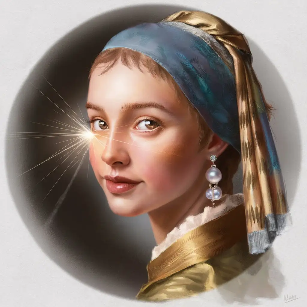 A captivating portrait of a young woman with a luminous pearl earring, rendered in a realistic style. (Focus on light and facial expression)