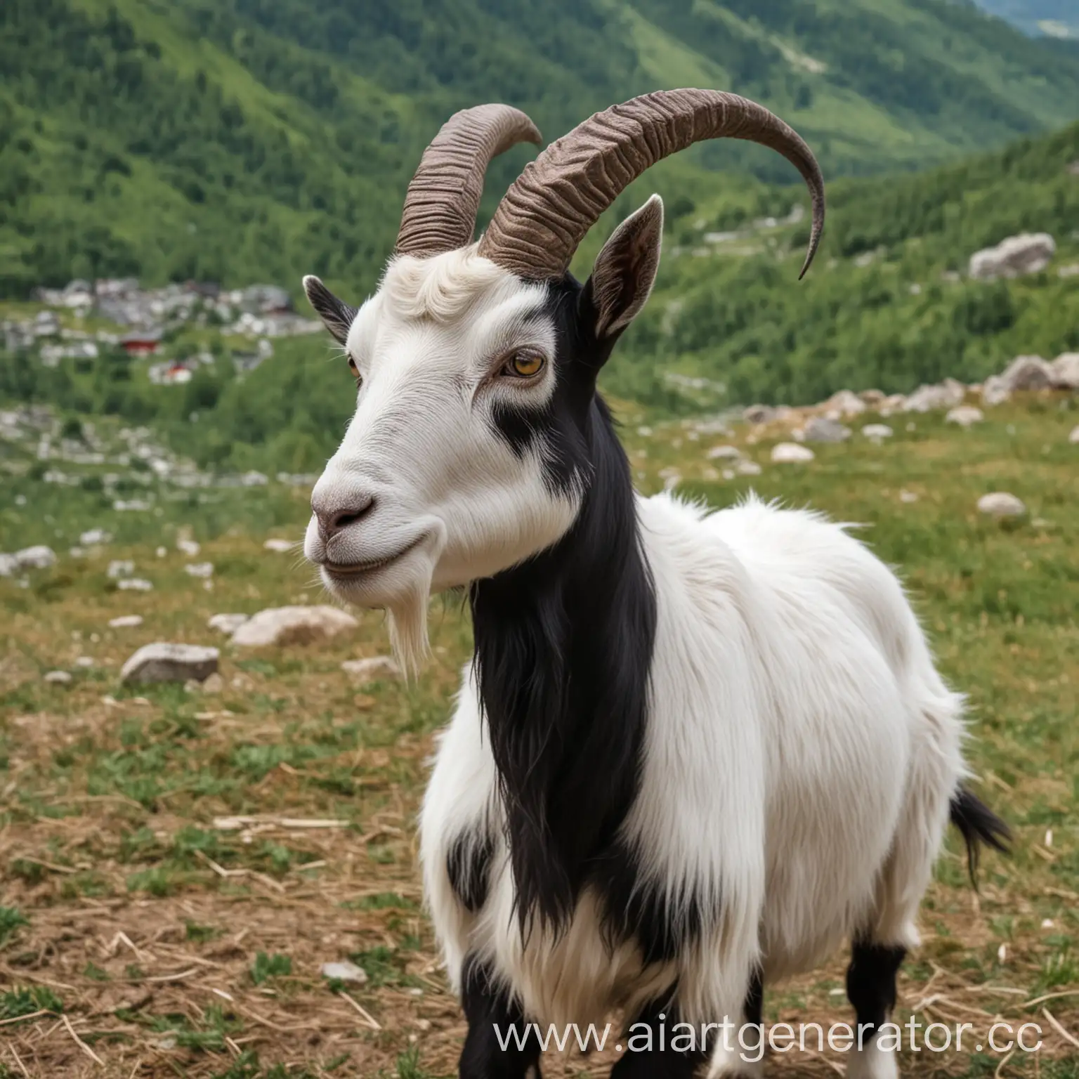 альпийская чистопородная коза стоит, видно ее голову и черные рога
