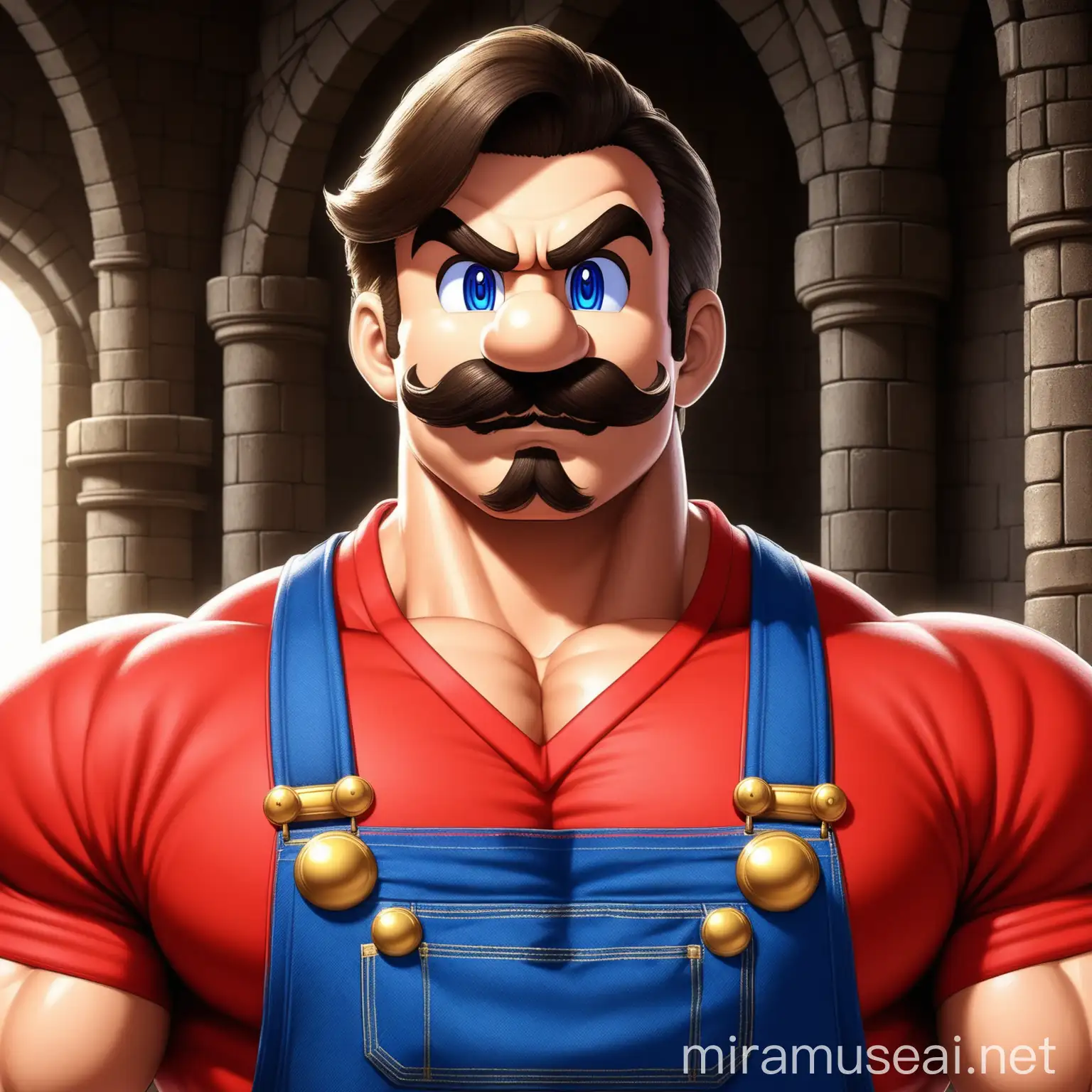 Super Mario musculoso, guapo, bigote espeso, con polo rojo y peto azul, fondo interior castillo, visto de cerca, cuello en V, muy guapo con rostro definido y rasgos masculinos