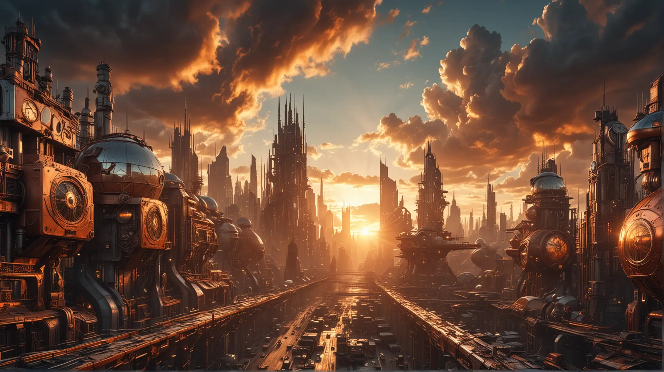 the sunrise over a futuristic city with buildings in the steampunk style, backlit clouds, aluminum, steel, copper, glass
