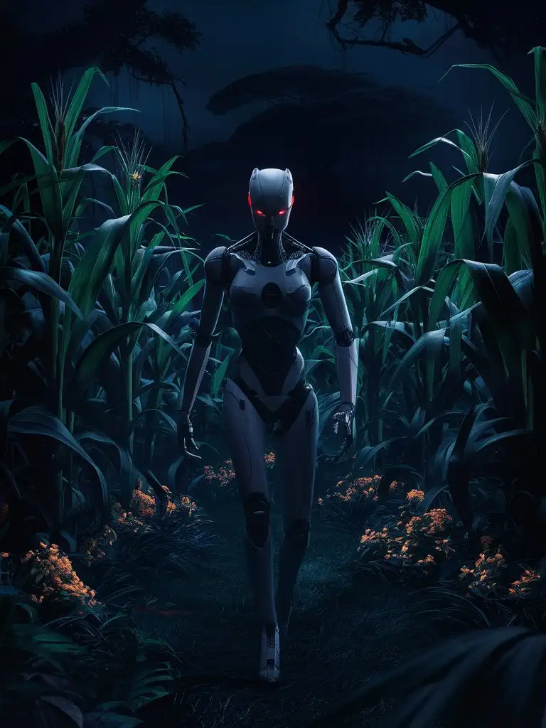 An android walking in a jungle full of trees and corn plants and flowers in the dark