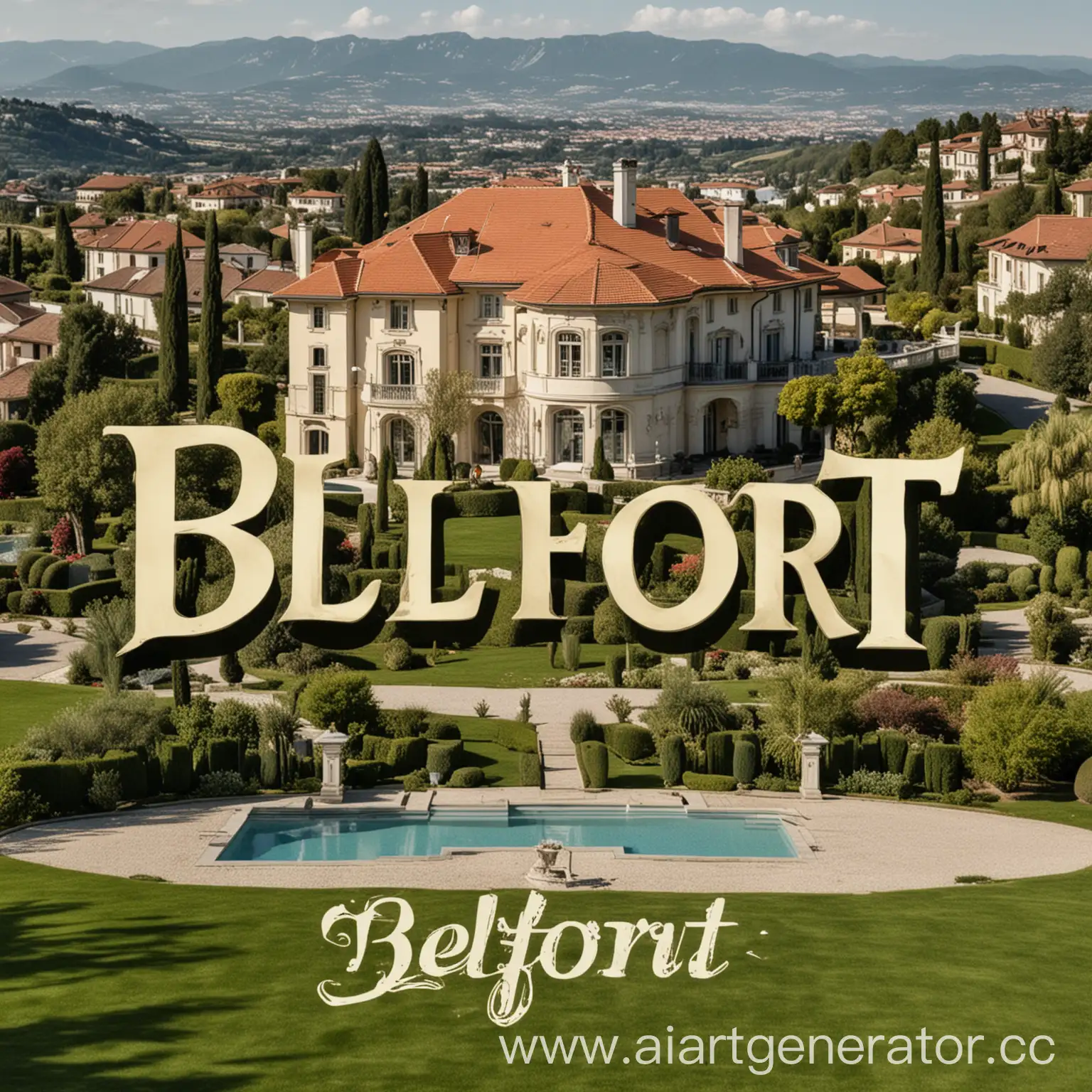 лого на тему богатства , на фоне вилла , по середине текст со словом Belfort
