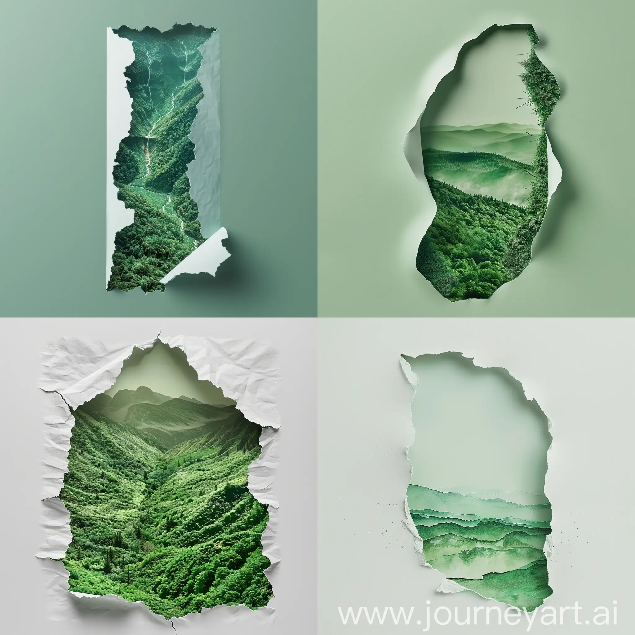 A soft ui image of a cutted piece of paper revealing green screen. The cutted paper is vertically oriented, with the smooth edges and smooth, as it is beautiful because it was beautiful ui shape. The contrast between the textured white paper and the detailed landscape creates a beautiful visual effect, capturing a feeling of discovery and wonder