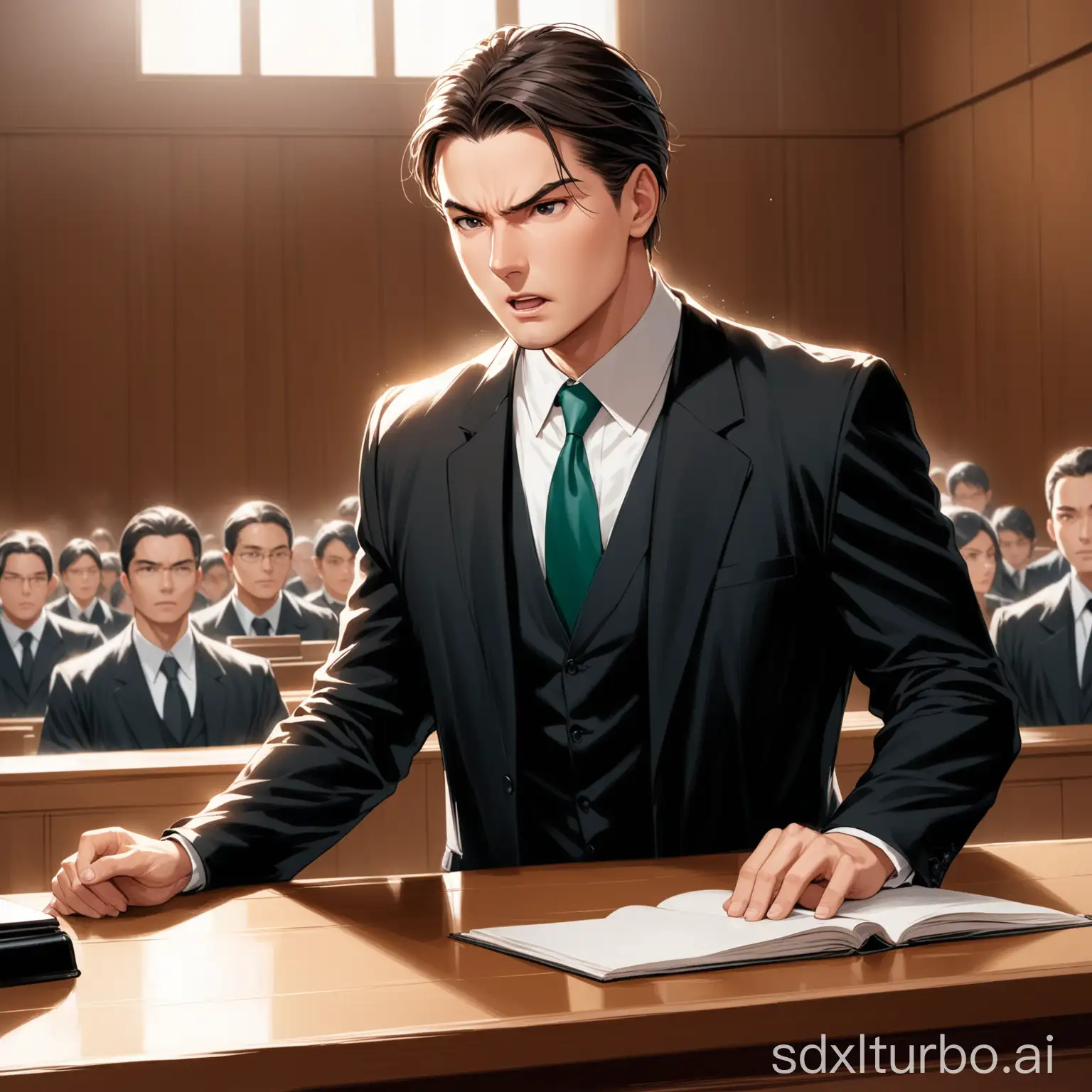 A lawyer, speaking passionately in court, with only him in the frame, high definition, masterpiece
