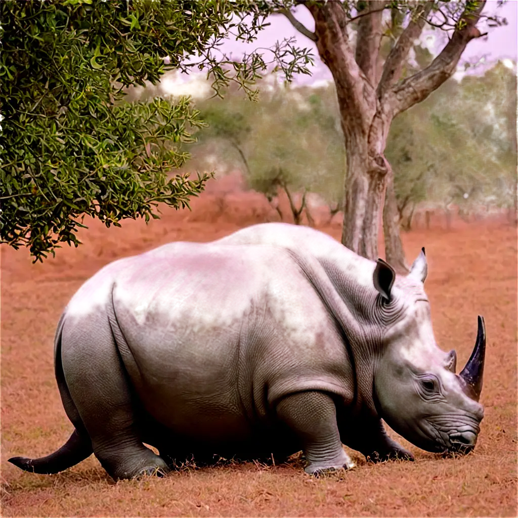 A rhino is sitting under a tree