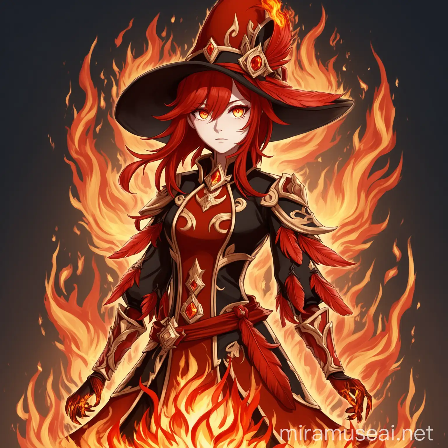 Create a GenshinImpact type of character. A tall female, who wears a red and black hat with red feathers. Her pupils burn with fire and her red hair with golden highlights at the ends of her hair is tied in a low ponytail, with two strands framing her face in the same color.