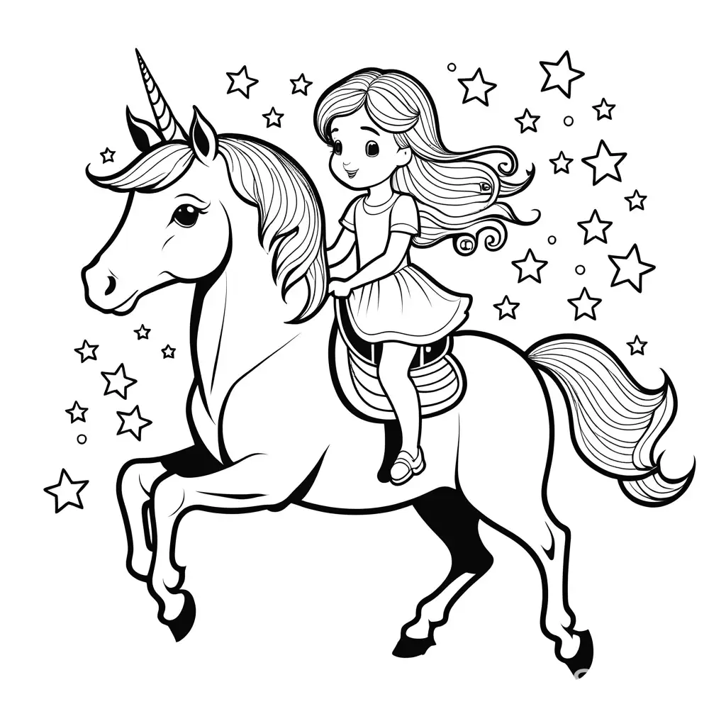 Little cute girl on a big beautiful jumping unicorn. White background no black shading. Hearts and stars around them, Coloring Page, black and white, line art, white background, Simplicity, Ample White Space. The background of the coloring page is plain white to make it easy for young children to color within the lines. The outlines of all the subjects are easy to distinguish, making it simple for kids to color without too much difficulty