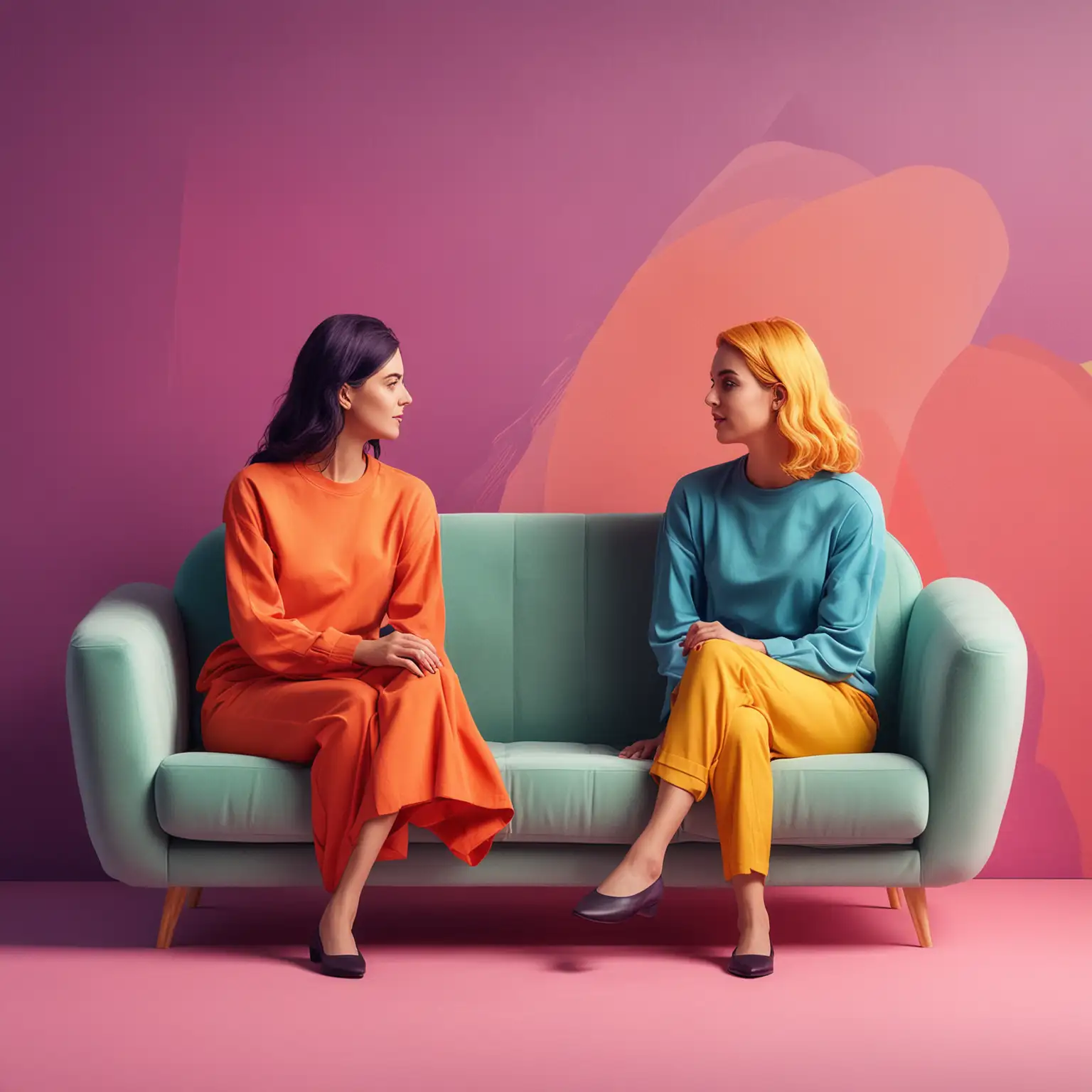 abstract design of two women sitting on a sofa talking on a colorful background illustration style