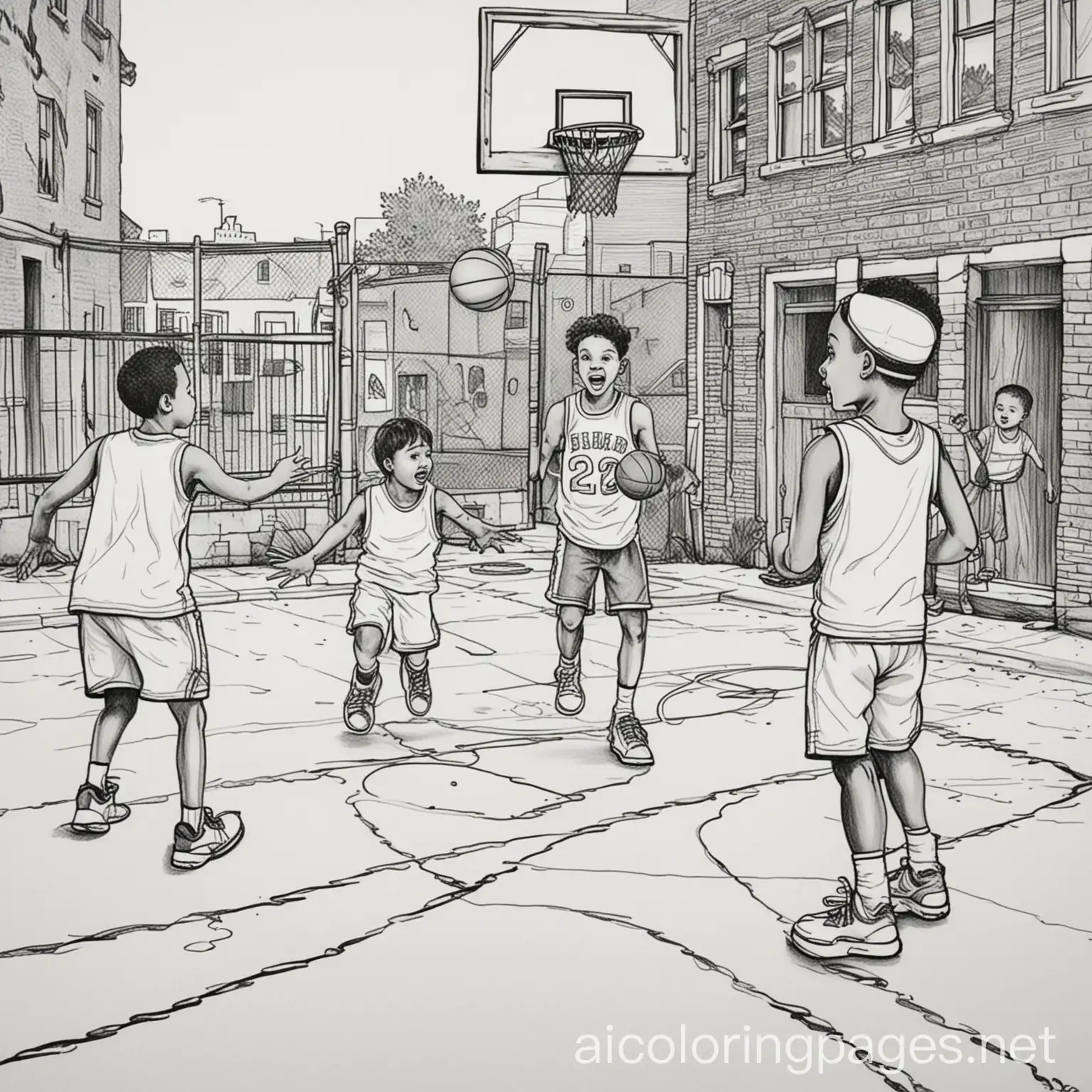 A group of six children playing a spirited basketball game on a basketball court in a Boston ghetto, depicting a humorous contest between teams with eccentric players" - Adult Coloring Page, black and white, line art, white background, Simplicity, Ample White Space, Coloring Page, black and white, line art, white background, Simplicity, Ample White Space. The coloring page's background is plain white to simplify coloring within the lines for young children. The outlines of all subjects are clear and distinguishable, making it easy for kids to color without too much difficulty.