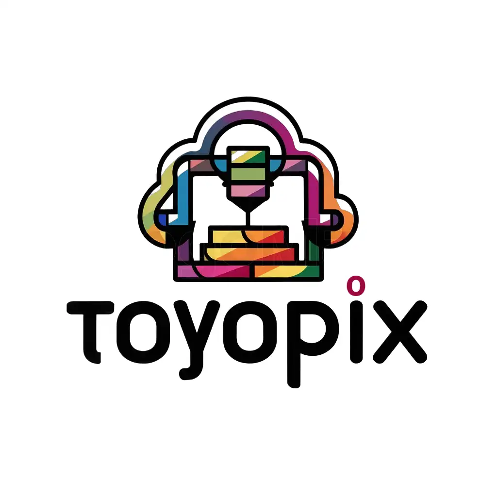 a logo design,with the text 'Toyopix', main symbol: Please design a creative and playful logo for the brand Toyopix. Our brand specializes in selling 3D printed models, toys, and other items. The logo should incorporate innovative elements that convey a sense of three-dimensionality and 3D printing. Consider using a symbol that visually represents 3D printing, such as an icon of a 3D printer or layered designs. Additionally, include elements that mimic a child’s drawing of a 3D model to emphasize playfulness and creativity. The design should be minimalist with clean lines. Use vibrant and attractive colors to enhance the sense of fun and appeal. The logo should be easily recognizable and convey a friendly and appealing feel. Choose a modern and simple font for the text 'Toyopix' and incorporate elements related to toys and 3D printing technology. The overall design should reflect energy, innovation, and a childlike sense of wonder.