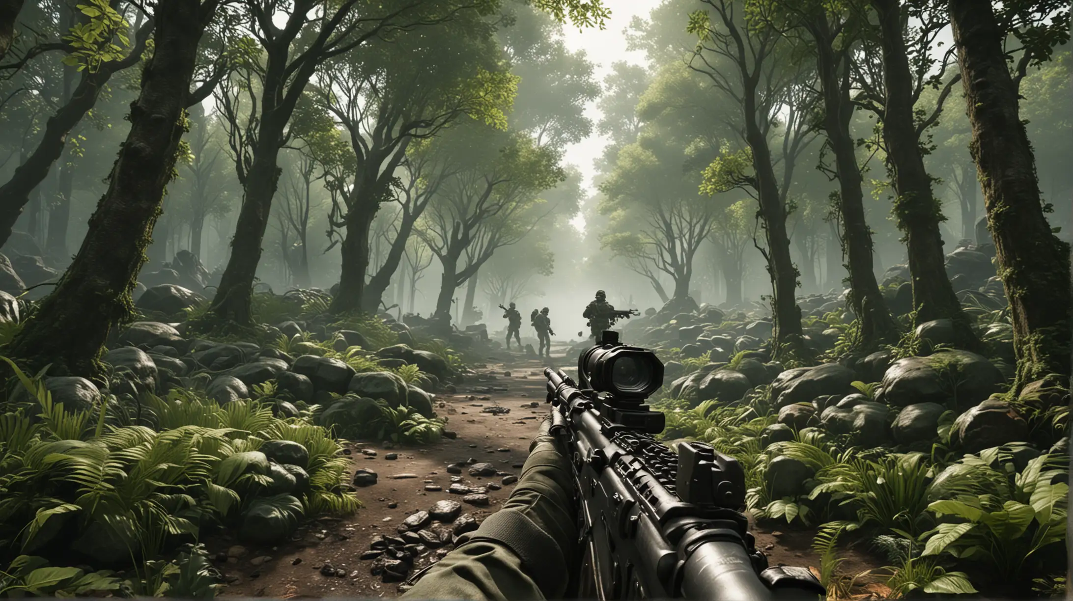 Soldier Shooting at Ghost in Lush Green Forest 4K Hyperrealistic Image