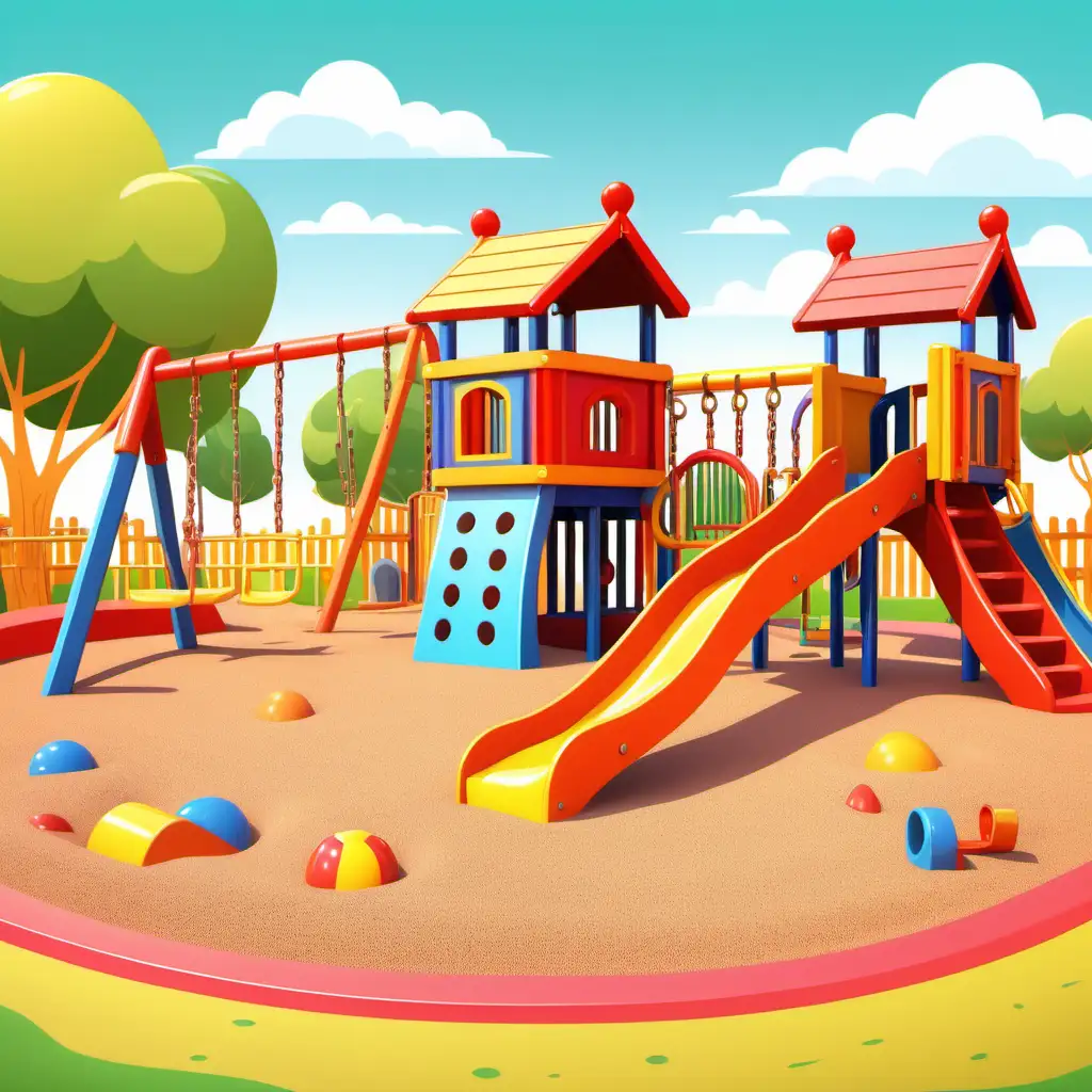 cartoon bright and cheerful cartoon playground with colorful slides, swings, climbing frames, and a sandbox. The scene is lively and filled with happy children playing.