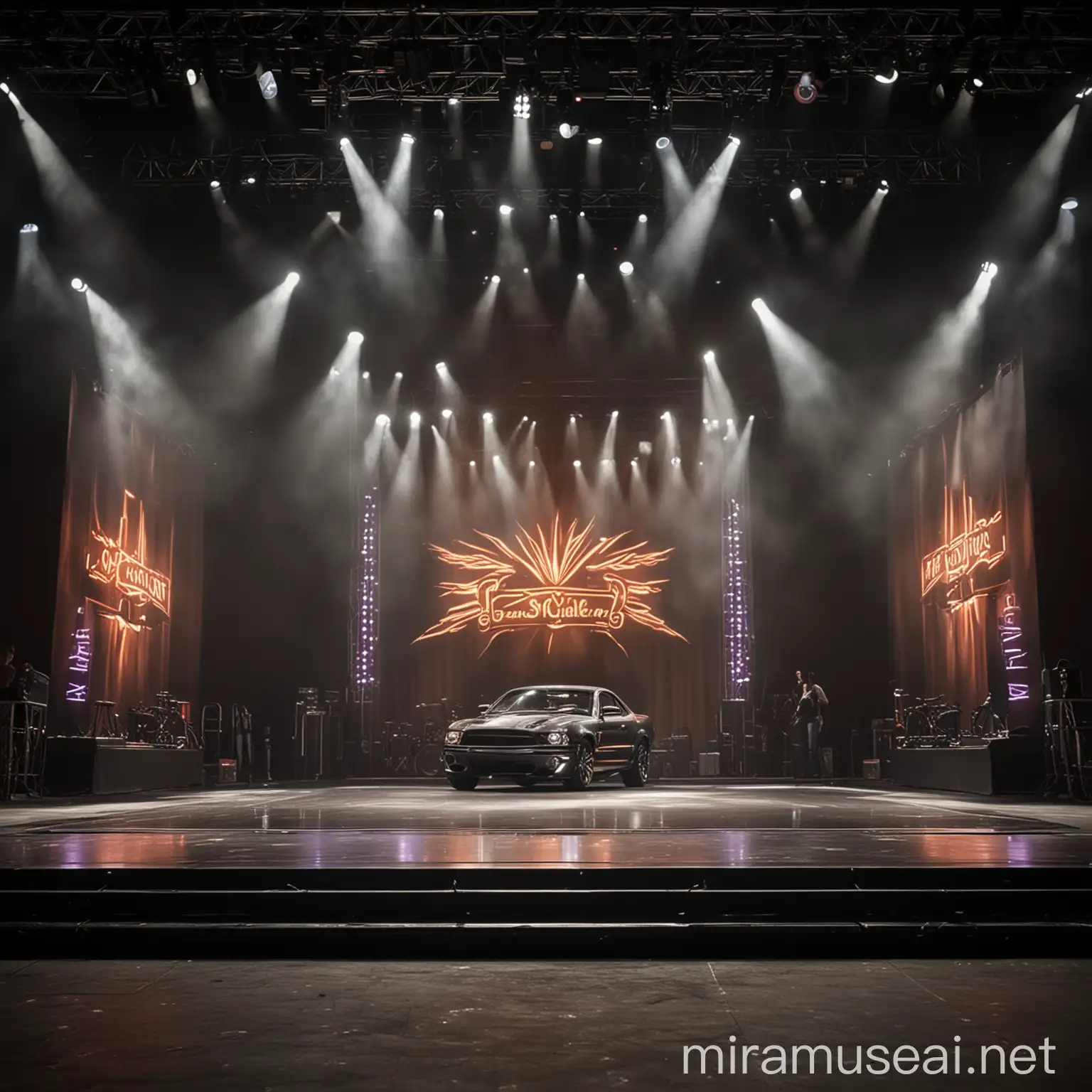 Dynamic and Vibrant Car Show Stage Design with Colorful Lighting