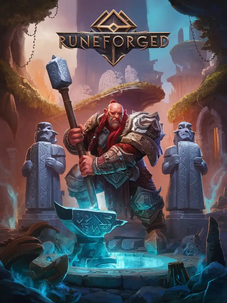 VIBRANT GAME ART WITH LOGO ONLY "RUNEFORGED" SENTINEL STATUES WITH RUNIC MAGIC CHARGED RUNES, DWARVEN SLAYER PARTY WEILDING HUGE MAUL, FORGE OF THE ANCIENT DWARVEN KINGS AND RUNE CARVED ANVIL, MANA WELL , DWARVEN RUINS AND DWEMER ARTIFACTS, EPIC QUEST, RPG VIDEO GAME COVER