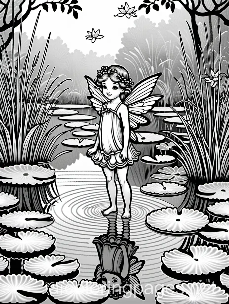 a cute little fairy at a pond with waterlilies, trees in the background,  by Arthur Rackham, highly detailed, elegant, intricate, very attractive, beautiful, high definition, crisp quality, Coloring Page, black and white, line art, white background, Simplicity, Ample White Space. The background of the coloring page is plain white to make it easy for young children to color within the lines. The outlines of all the subjects are easy to distinguish, making it simple for kids to color without too much difficulty