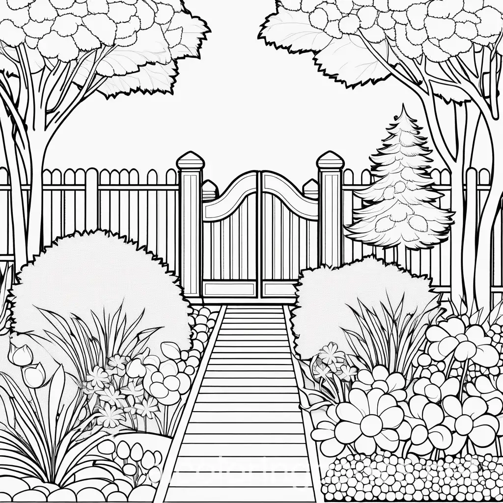 A garden, dark highlighted outline, Coloring Page, black and white, line art, white background, Simplicity, Ample White Space. The background of the coloring page is plain white to make it easy for young children to color within the lines. The outlines of all the subjects are easy to distinguish, making it simple for kids to color without too much difficulty, Coloring Page, black and white, line art, white background, Simplicity, Ample White Space. The background of the coloring page is plain white to make it easy for young children to color within the lines. The outlines of all the subjects are easy to distinguish, making it simple for kids to color without too much difficulty, Coloring Page, black and white, line art, white background, Simplicity, Ample White Space. The background of the coloring page is plain white to make it easy for young children to color within the lines. The outlines of all the subjects are easy to distinguish, making it simple for kids to color without too much difficulty