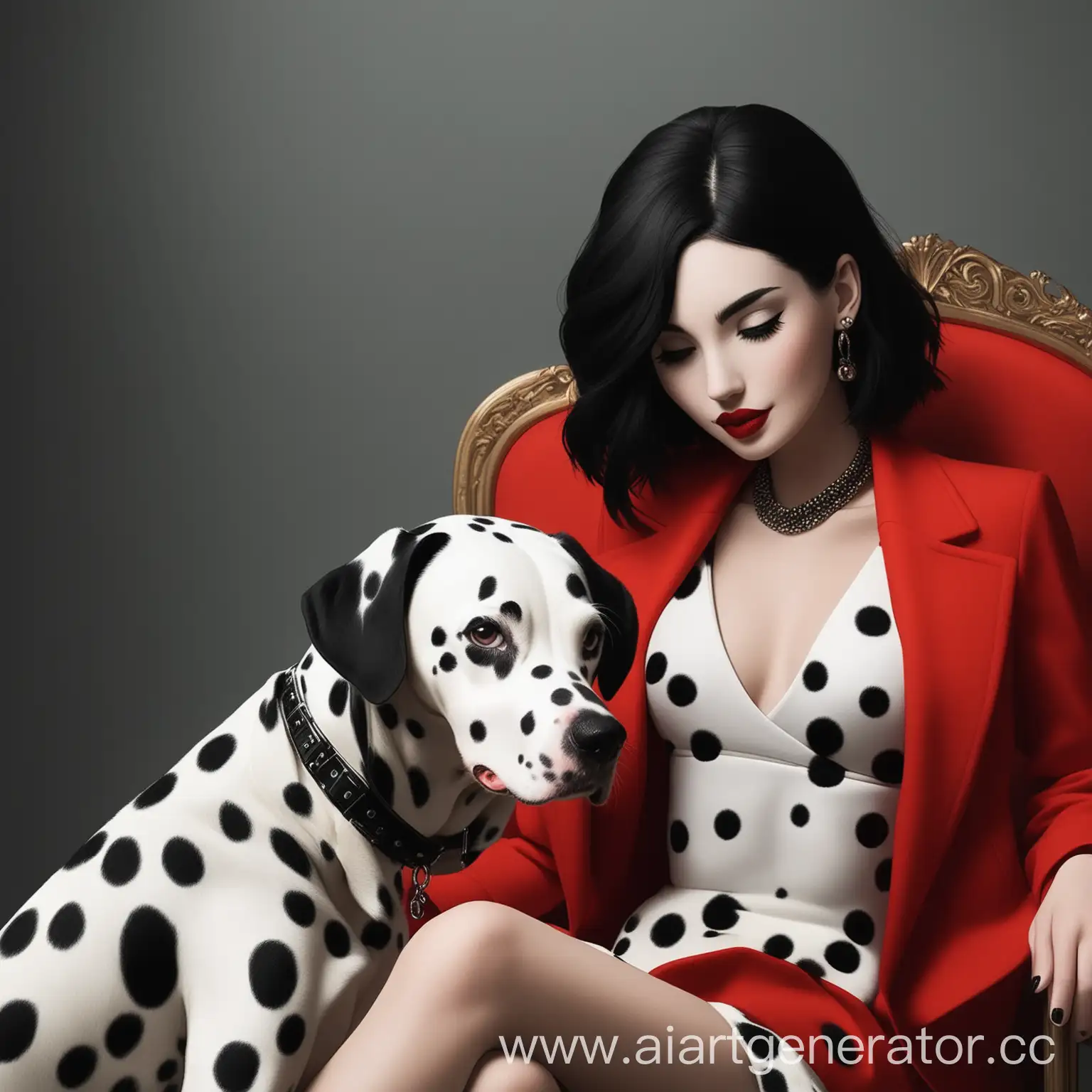 Girl-with-Black-Hair-and-Red-Lips-Sitting-Next-to-Dalmatian