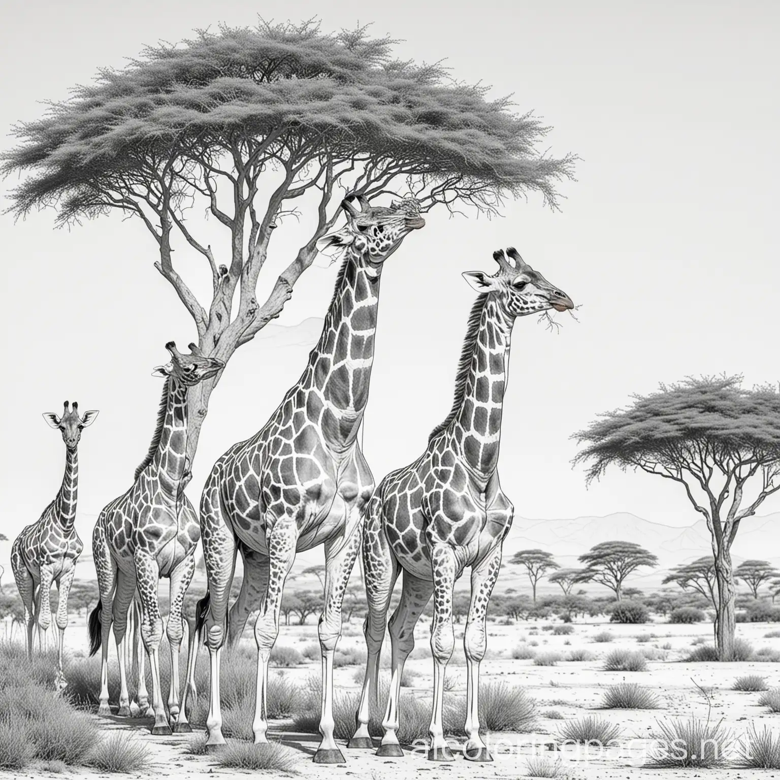 Savanna-Scene-Coloring-Page-Giraffe-Mother-with-Sons-and-Acacia-Tree