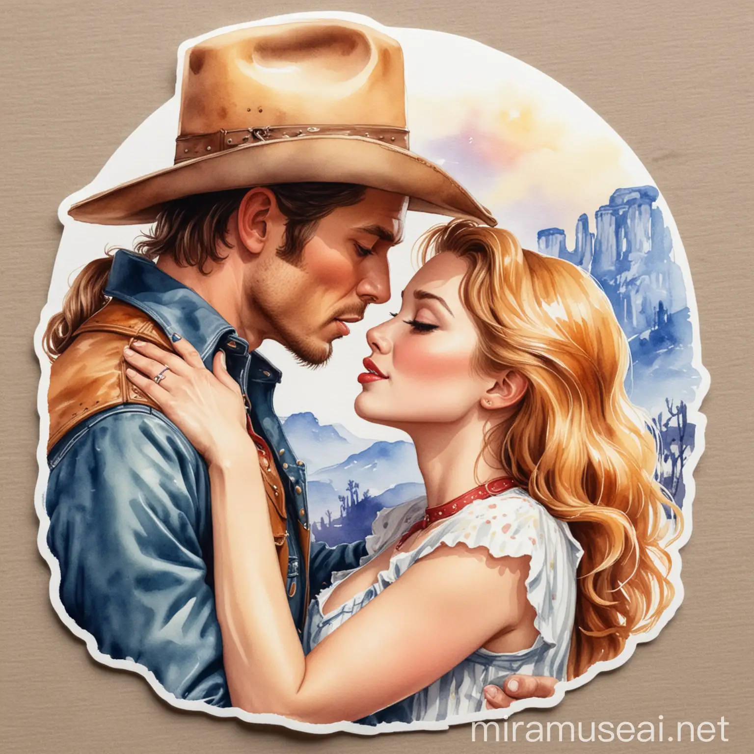 Romantic Cowboy and Girl Kissing Classic Hollywood Watercolor Illustration Sticker