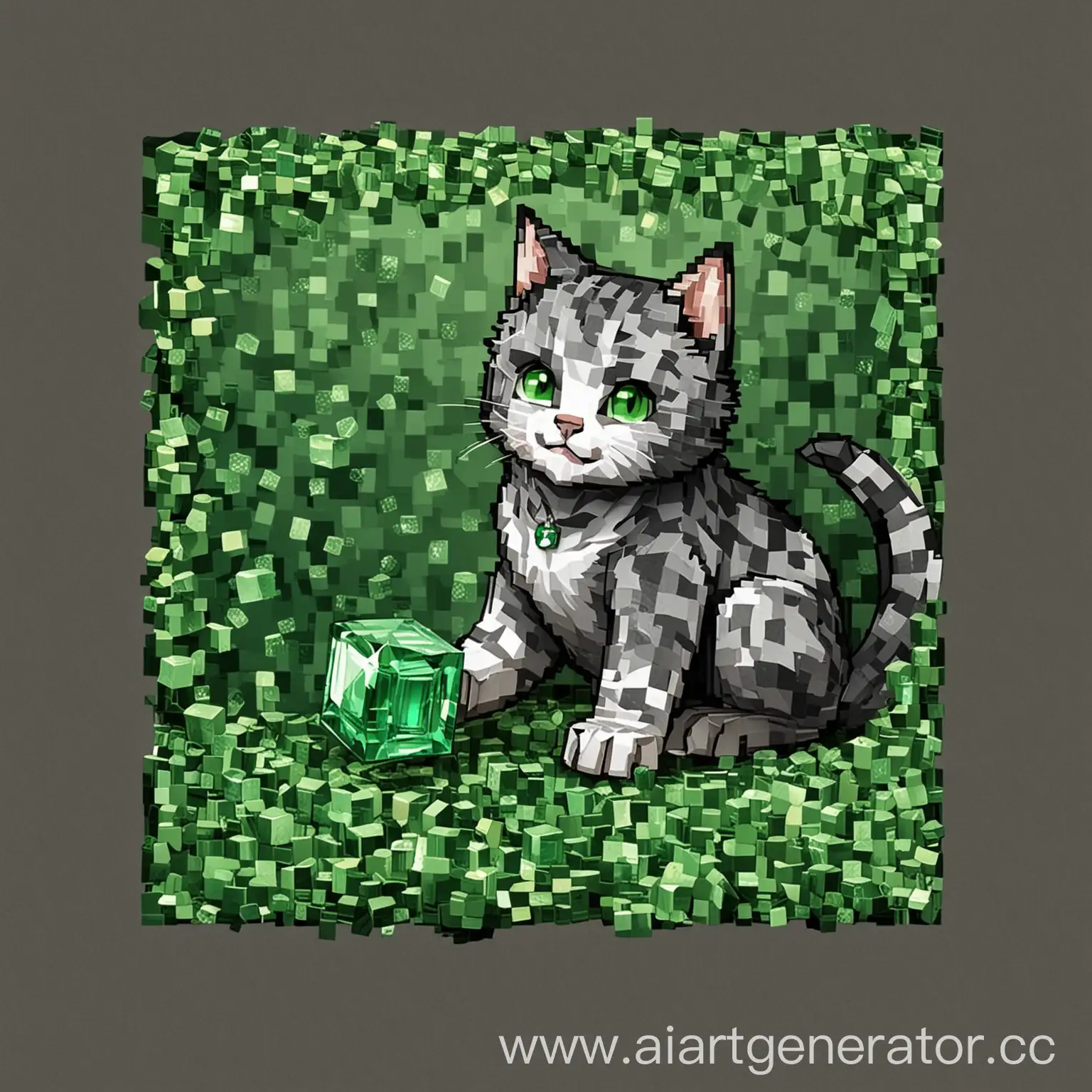 Pixel-Art-Playful-Cat-with-Emeralds-in-Minecraft-Style