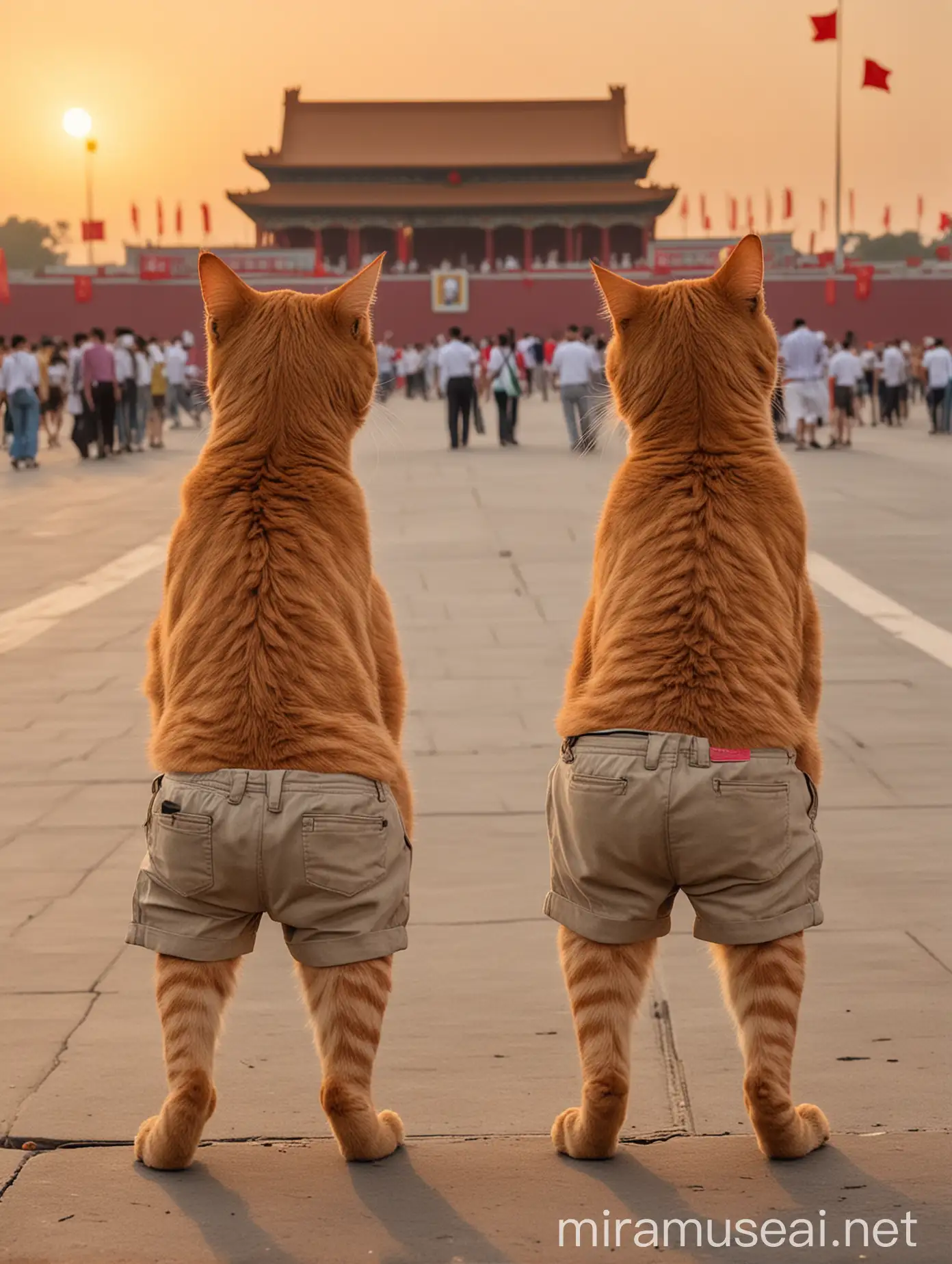Two Orange Cats in Shorts Watching Tiananmen Sunset Fire