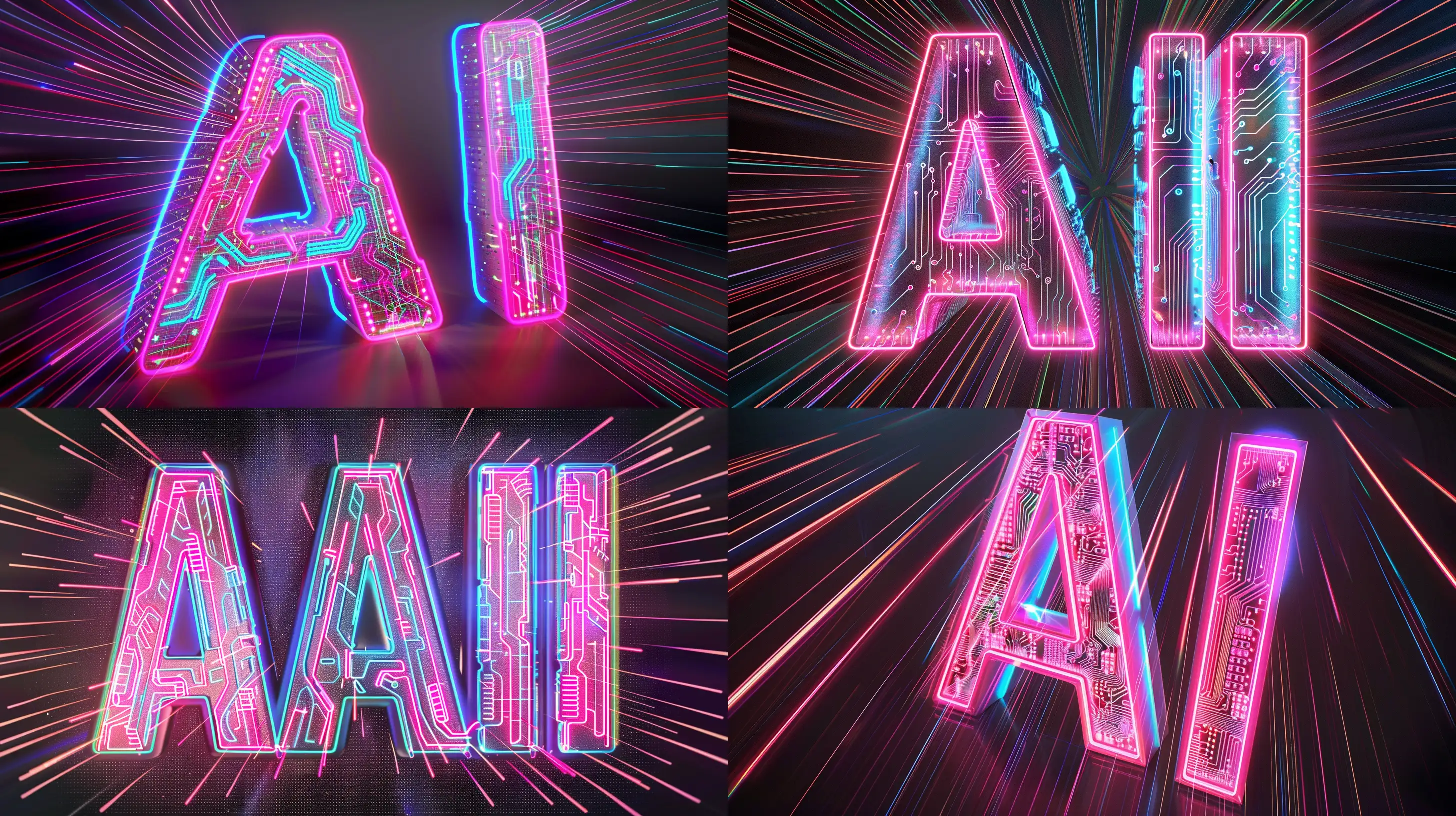 Create a 16:9 image showcasing the letters 'AI' in a glowing neon style, filled with a circuit board pattern. The letters should be brightly illuminated with pink and blue neon lights, casting rays against a dark background to emphasize the concept of artificial intelligence and technology --ar 16:9