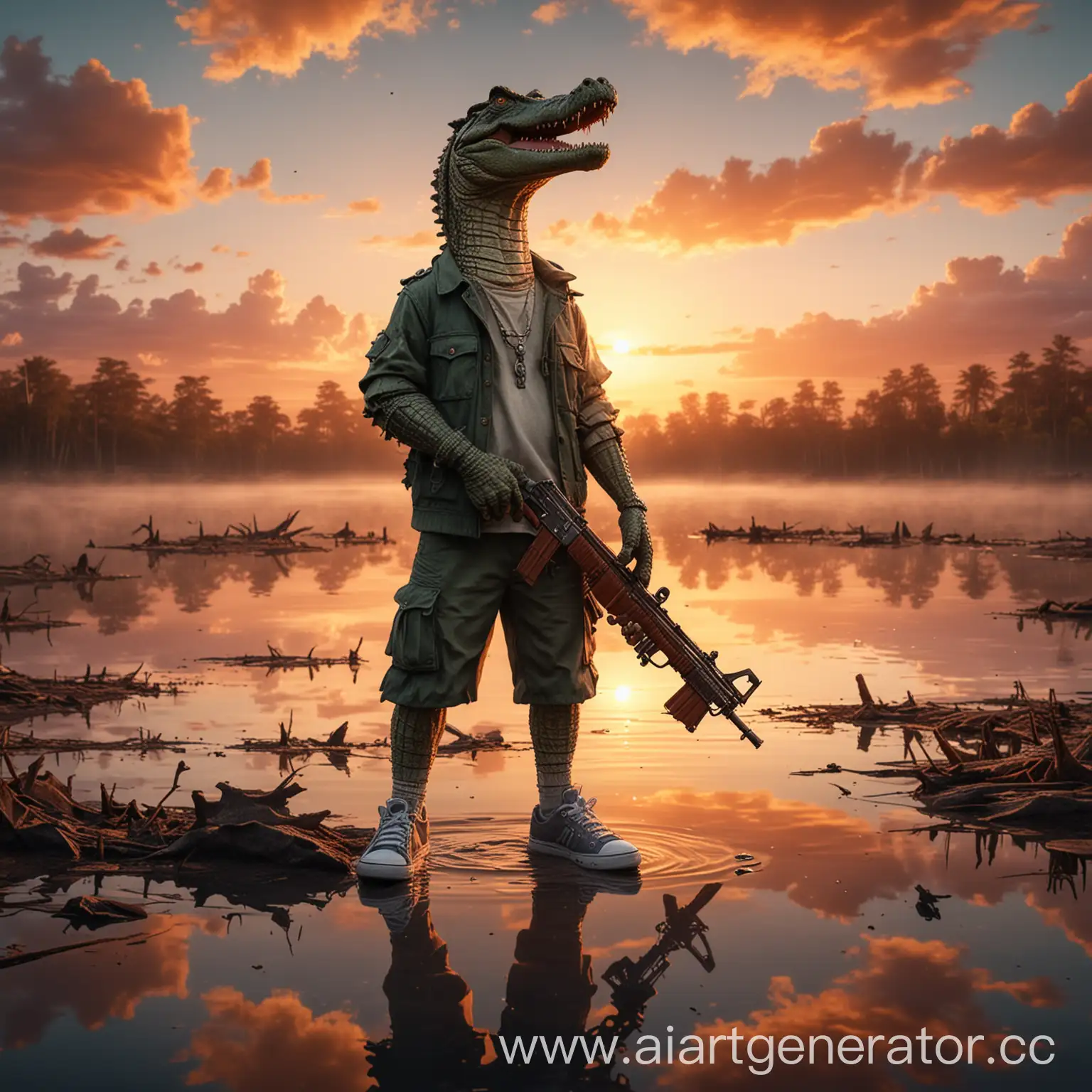 Крокодил в кроссовках в руках с ружьём стоит по среди озера, а на небе закат