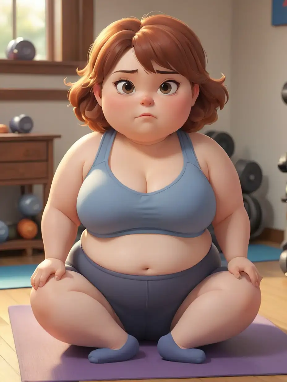 一个皮克斯风格的卡通胖妹，Q版比例，在瑜伽垫上坐着，旁边摆放着哑铃