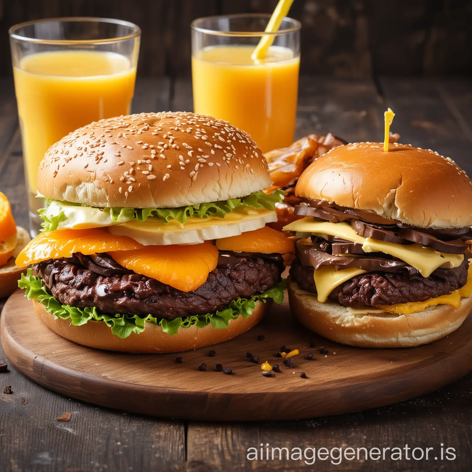 delicious sandwich and hamburger, with chocolate and butter, orange juice