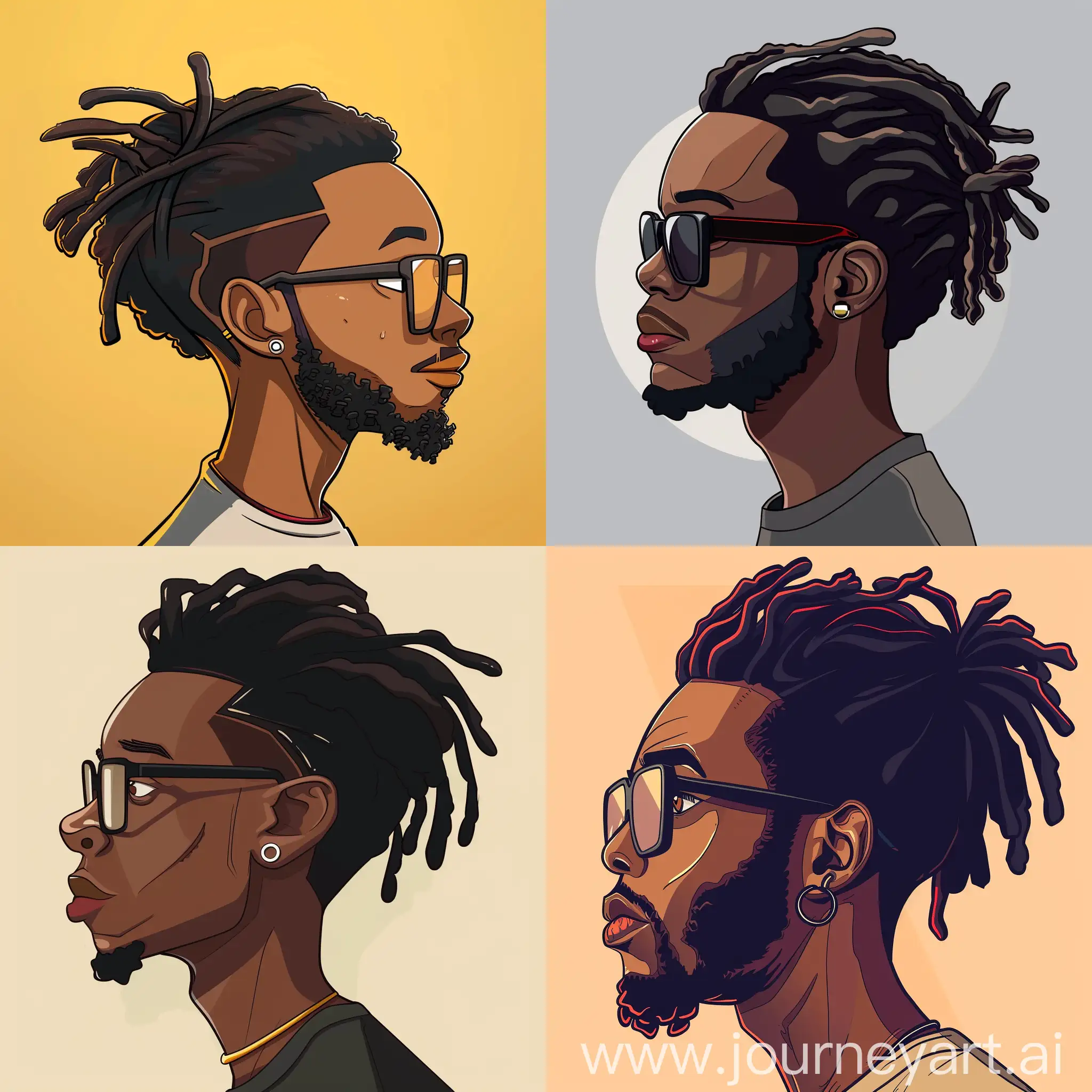 create me  a cartoon black guy with a small forehead and big jaw wearing big square glasses and has short dreadlocks (ear length) side view
