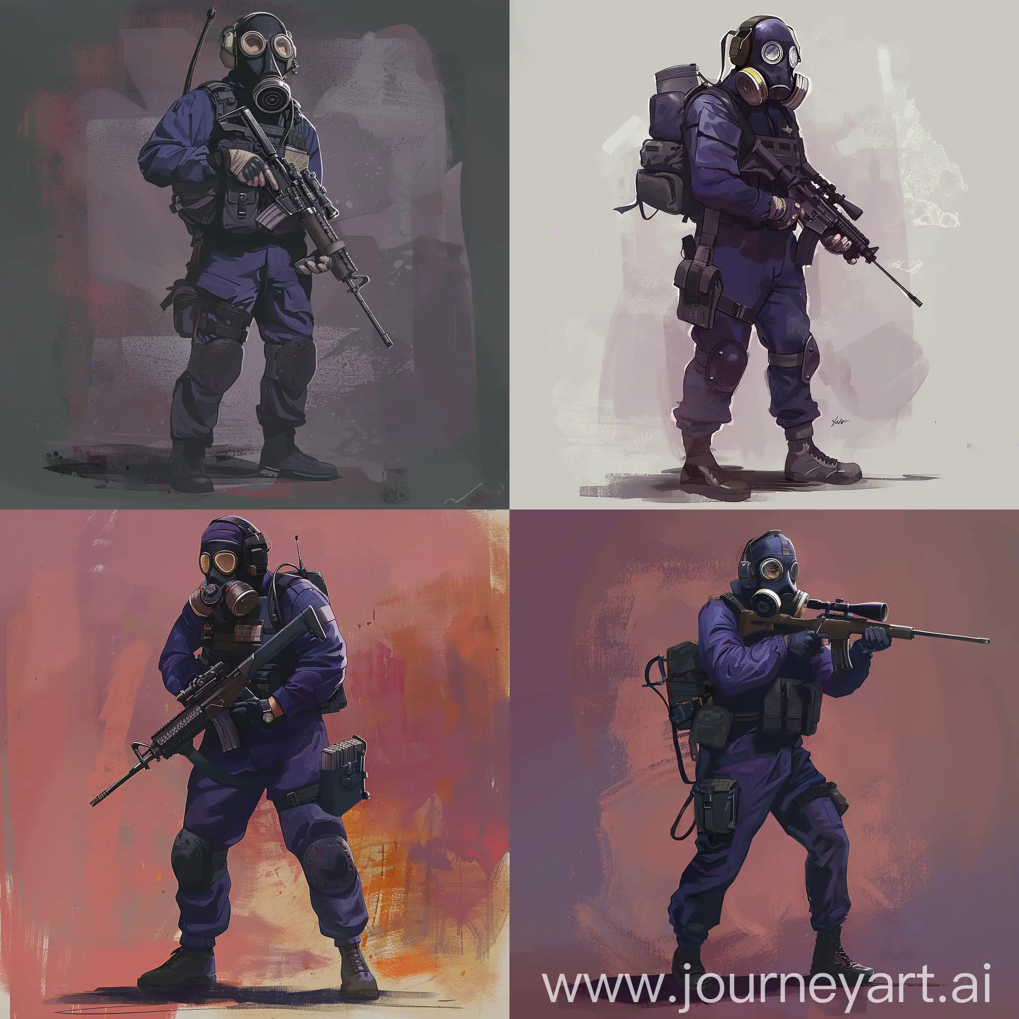 Concept character art, dark purple military jumpsuit, gasmask on his face, small military backpack, military unloading on his body, sniper rifle in his hands.