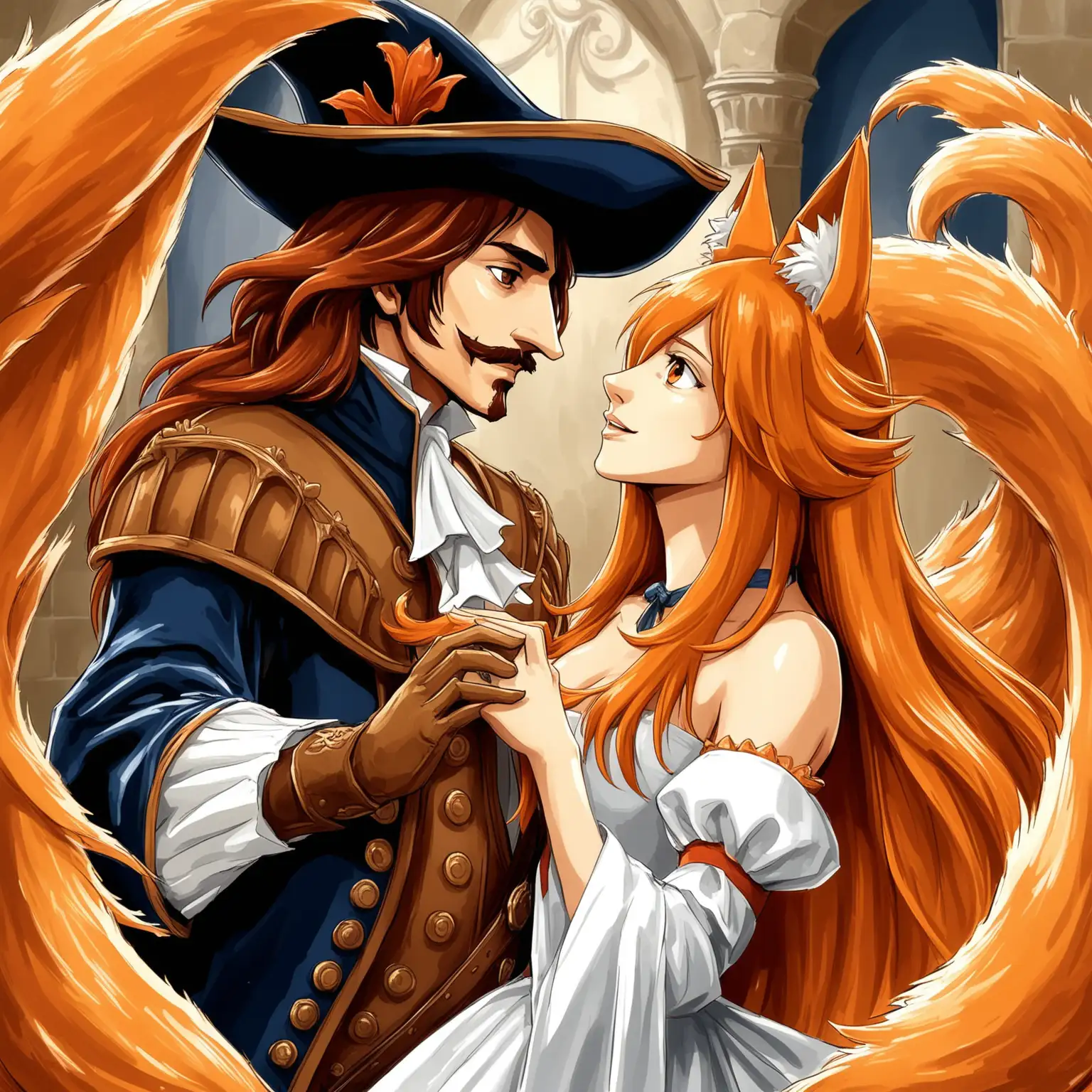 Cyrano de Bergerac Wooing a Stunning 9Tailed Kitsune with Orange Hair