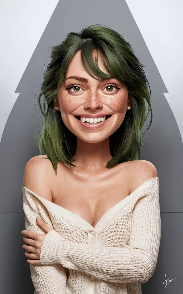(Clay model, clay material:1.5),(Clay texture, clay texture texture:1.4),(in the style of clay animation, stop motion animation:1.4),solo, realistic, emma stone, medium breast,smiling, simple background, looking up, green hair, freckles, sweater, upper body, grey background, short hair, white sweater, teeth, black eyes,white shirt, parted lips, messy hair, long sleeves, Clay style