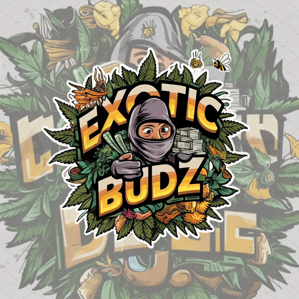 LOGO-Design-for-Exotic-Budz-Detailed-WeedInspired-Background-with-Cartoon-Character-Holding-Money-and-Joint