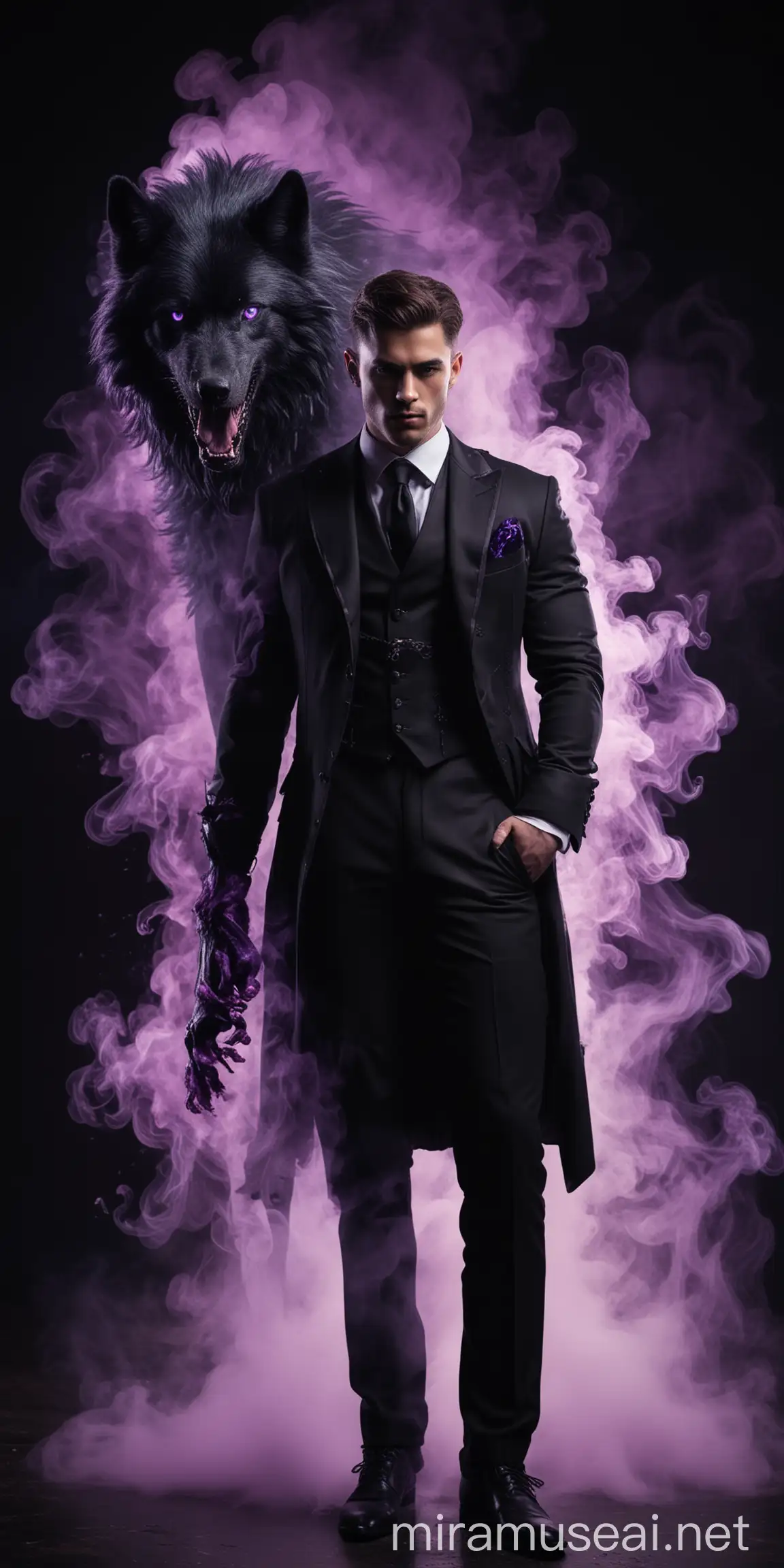 Mysterious Man in Royal Suit with Luminous Purple Smoke and Wolf Companion