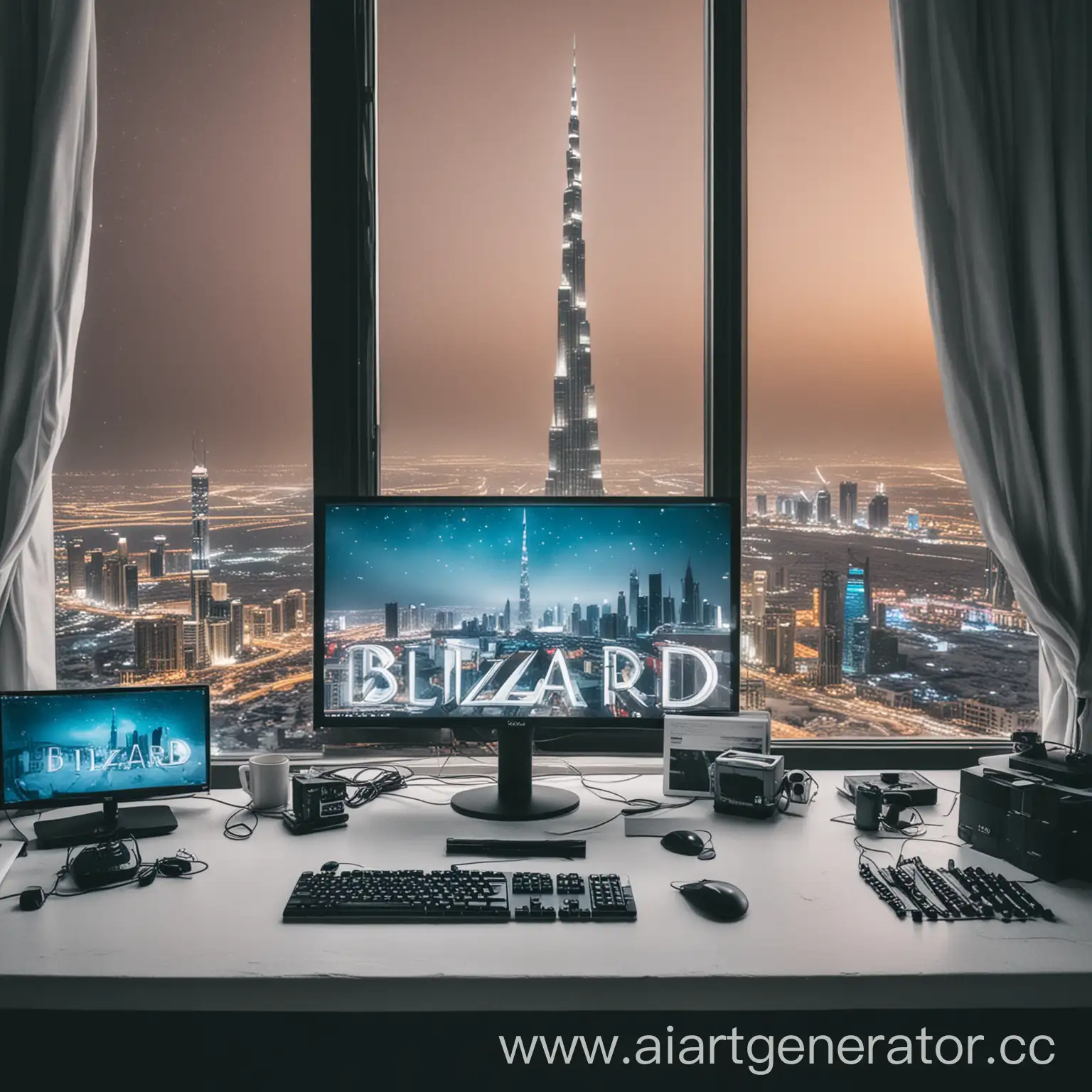 Blizzard-Sign-Illuminated-with-PC-Colors-Overlooking-Summer-Dubai-and-Burj-Khalifa