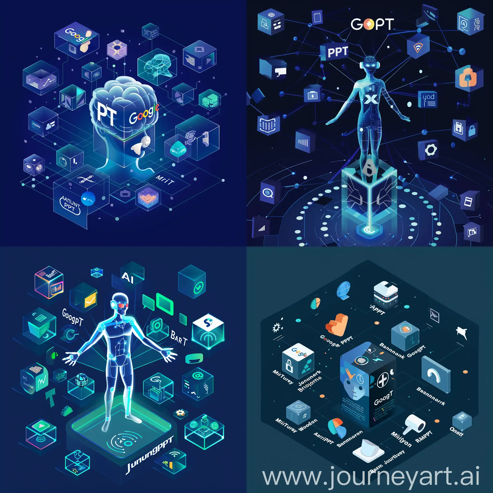 Please make me an image with a dark blue background of an AI human in a fully technological and AI environment. Around this human, 3D symbols, icons and icons with glass style in the form of a cube from popular artificial intelligence sites such as ChatGPT, Google Bard, Brandmark, WordTune, MidJourney, Craiyon and WriteSonic are immersed and wander. The symbols of artificial intelligence tools must be used.