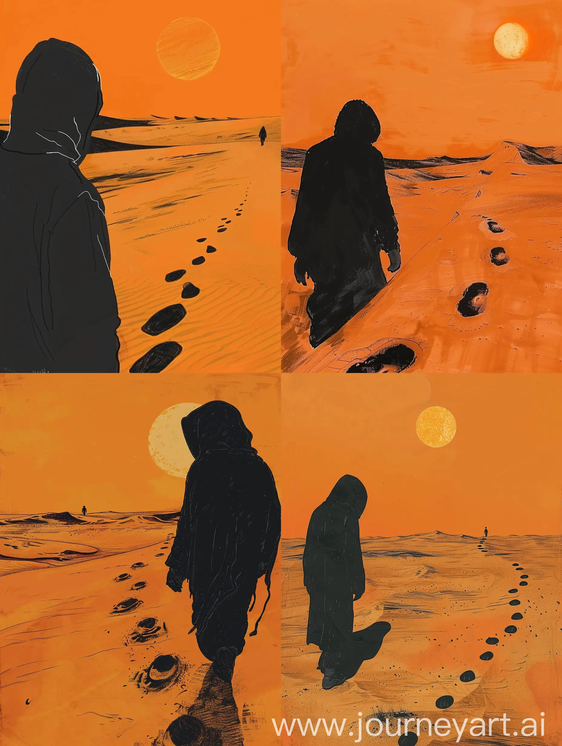 Hooded-Figure-Walking-in-Orange-and-Black-Desert