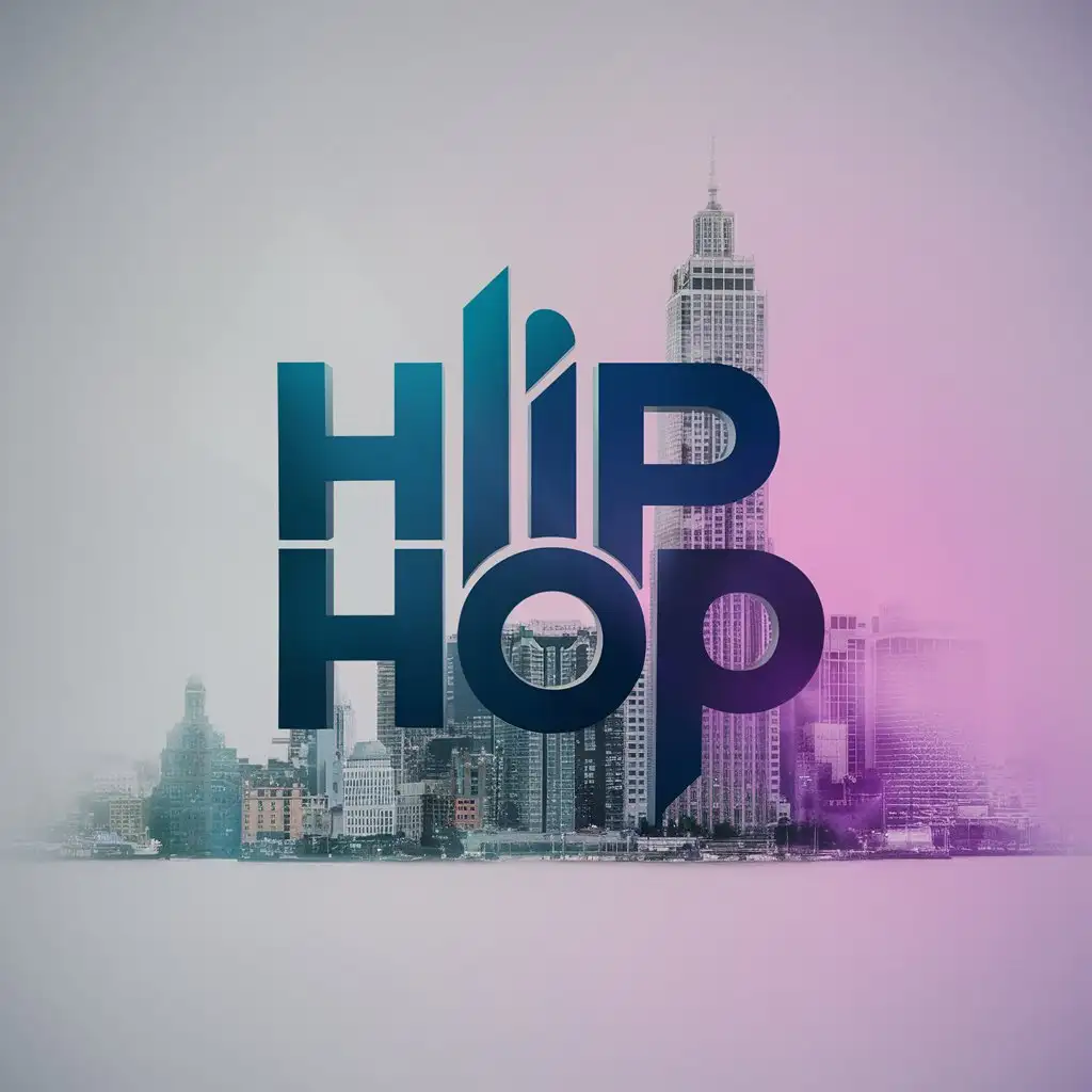 minimlizm, write text 'hip hop' logo, city in background
