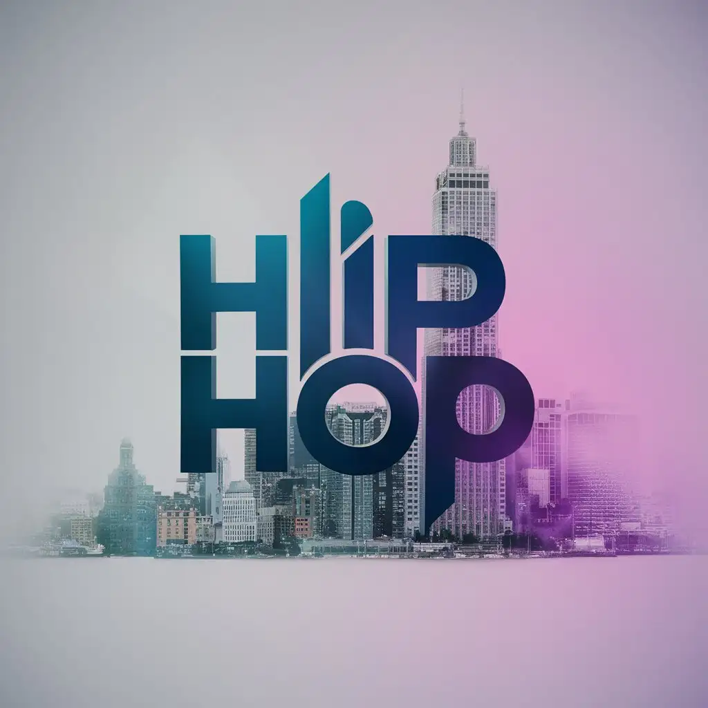 minimlizm, write text "hip hop" logo, city in background