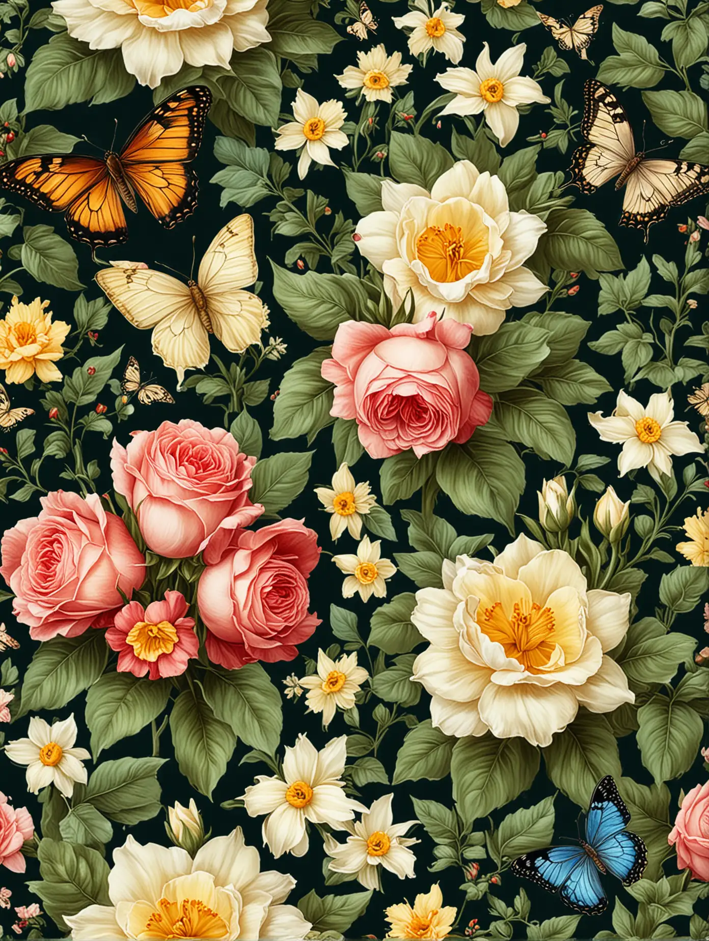 Floral Wallpaper Pattern with Roses Clovers Butterflies and Daffodils