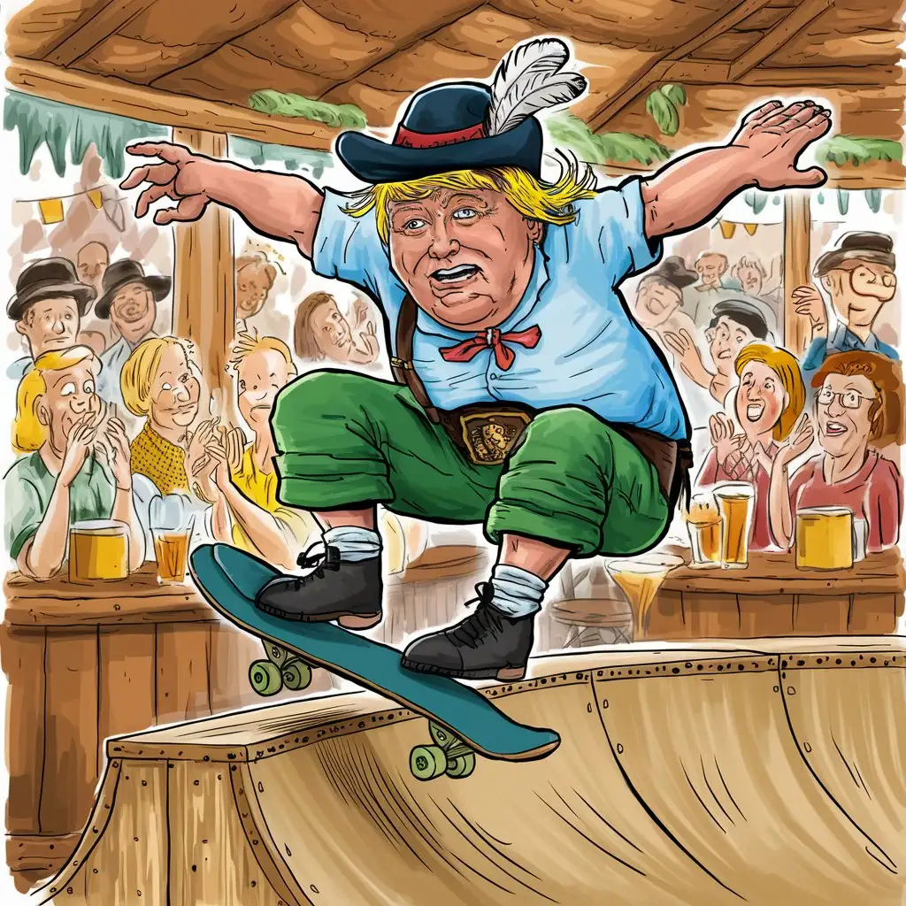 Donald Trump skateboarding a half pipe in lederhosen