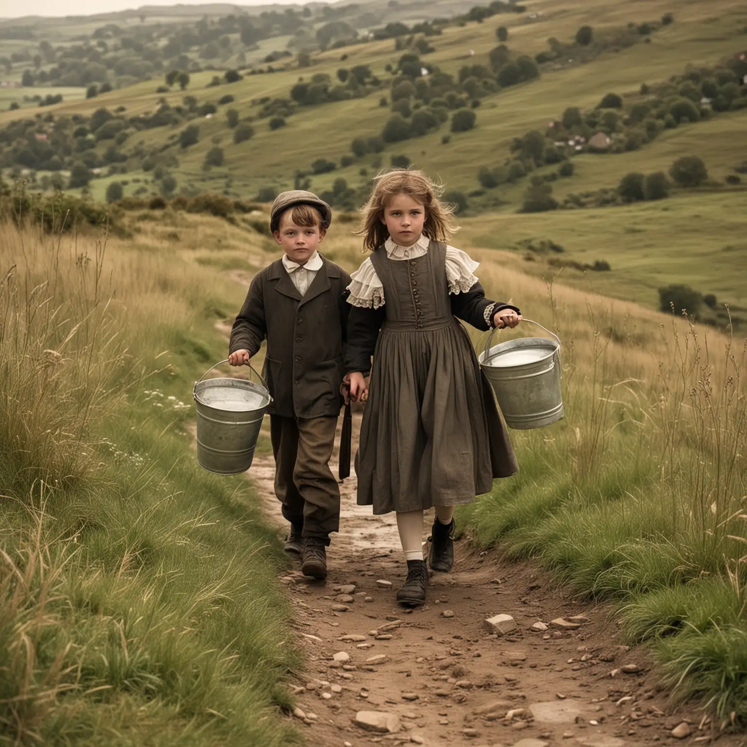 Victorian Children Carrying Water Bucket Uphill