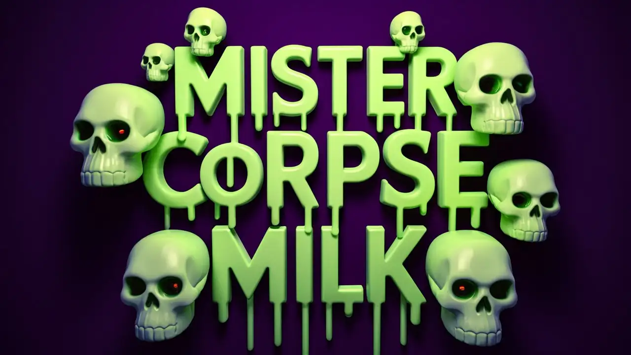 Neon green lettering with a purple background that says "Mister Corpse Milk" with light green 
skulls
